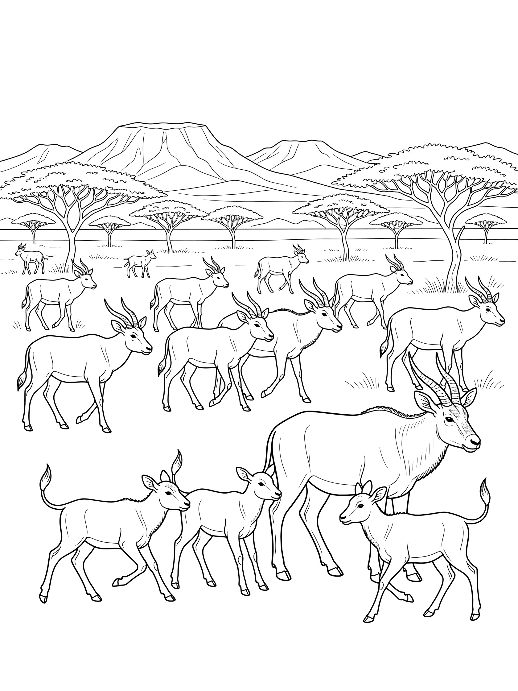 Black and white line art of a herd of eland antelopes with calves walking across savanna with acacia trees and distant mountains.