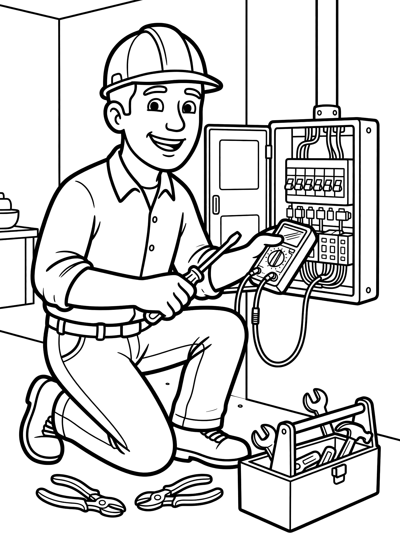 Black and white coloring page of electrician kneeling beside open fuse box in garage, holding screwdriver and testing wires with meter, pliers and toolbox on floor