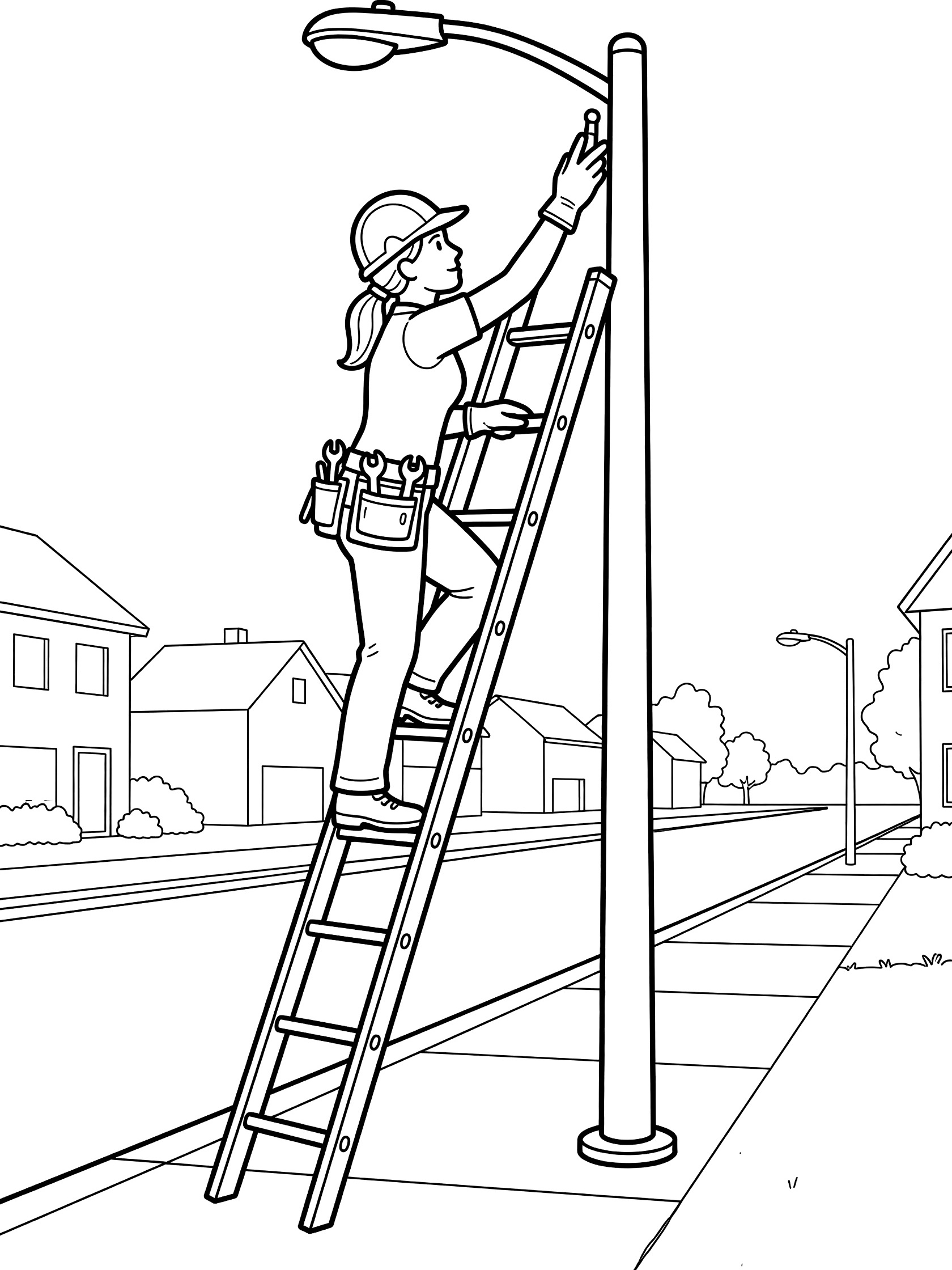 Line art coloring page of an electrician woman in hard hat and tool belt climbing a ladder to fix a streetlight pole in a quiet neighborhood.