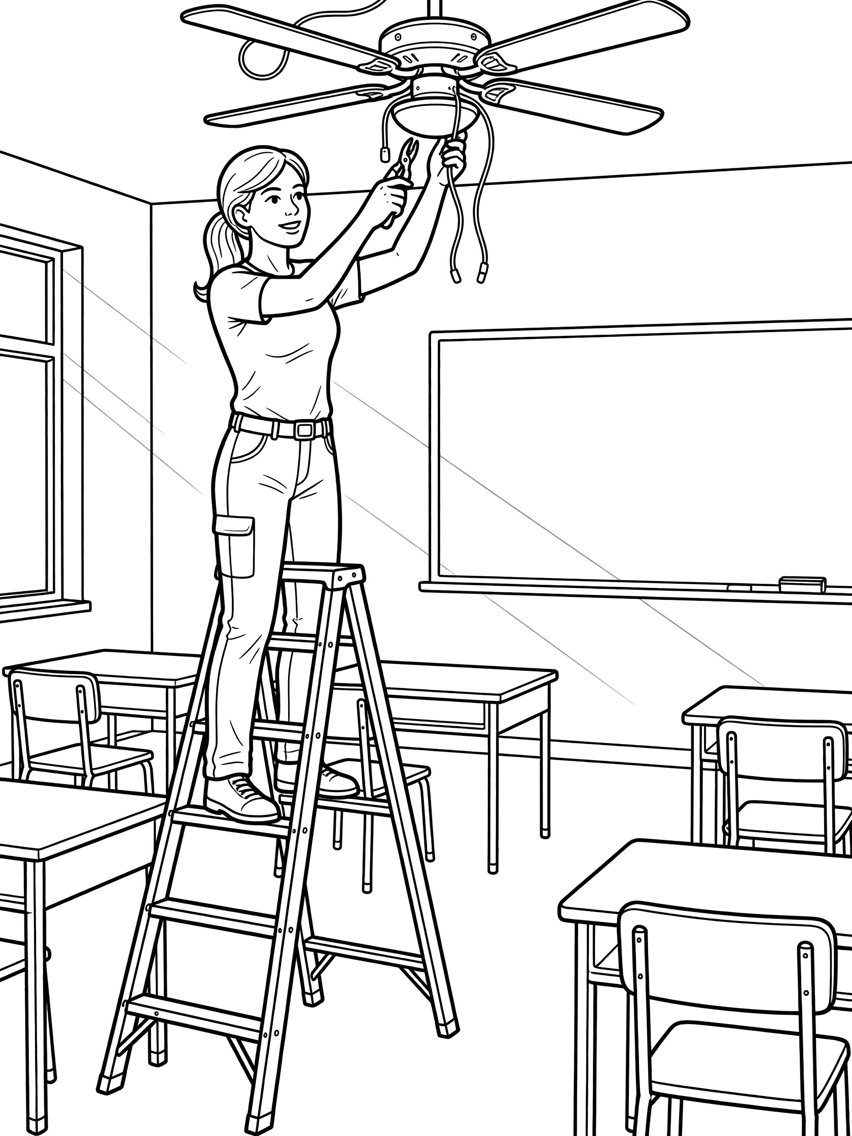 Black and white line art of an electrician woman on a stepladder installing a ceiling fan in a classroom with desks and chalkboard.
