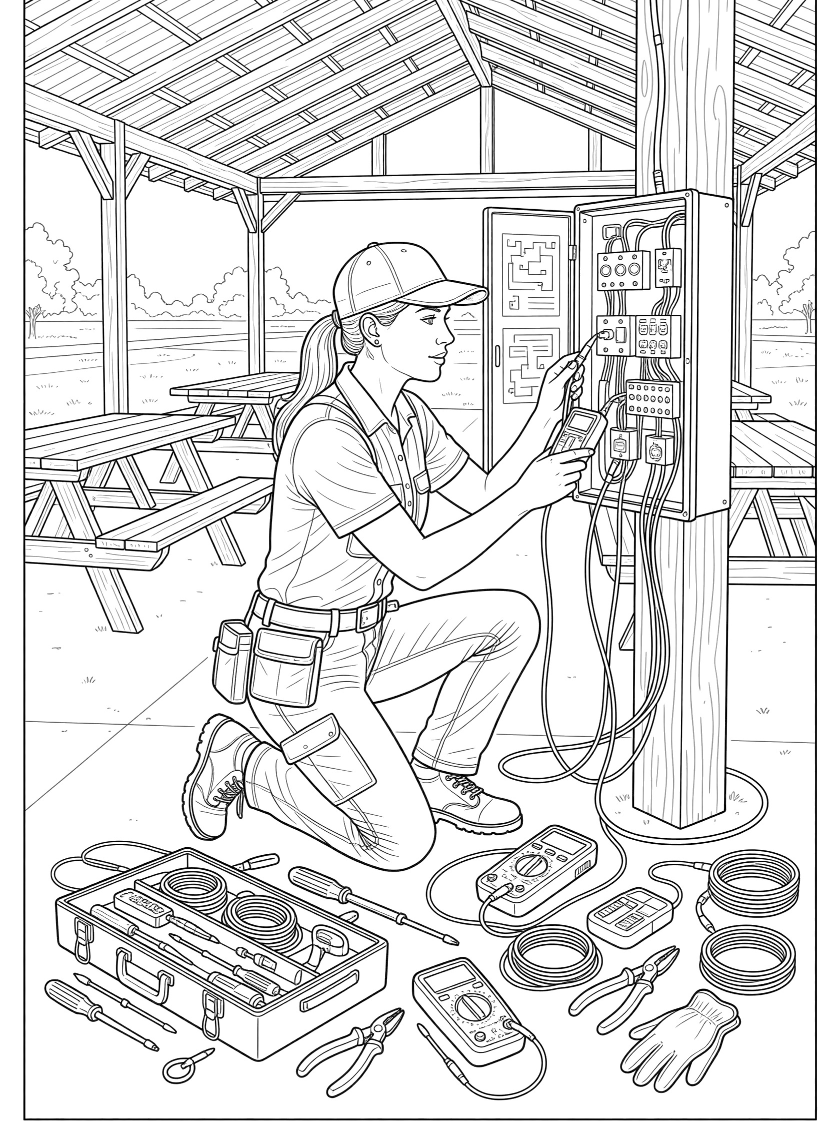 Black and white line art of a woman electrician kneeling to test circuits on an electrical panel in a park pavilion with picnic tables, open toolbox, multimeter, pliers, and wires.