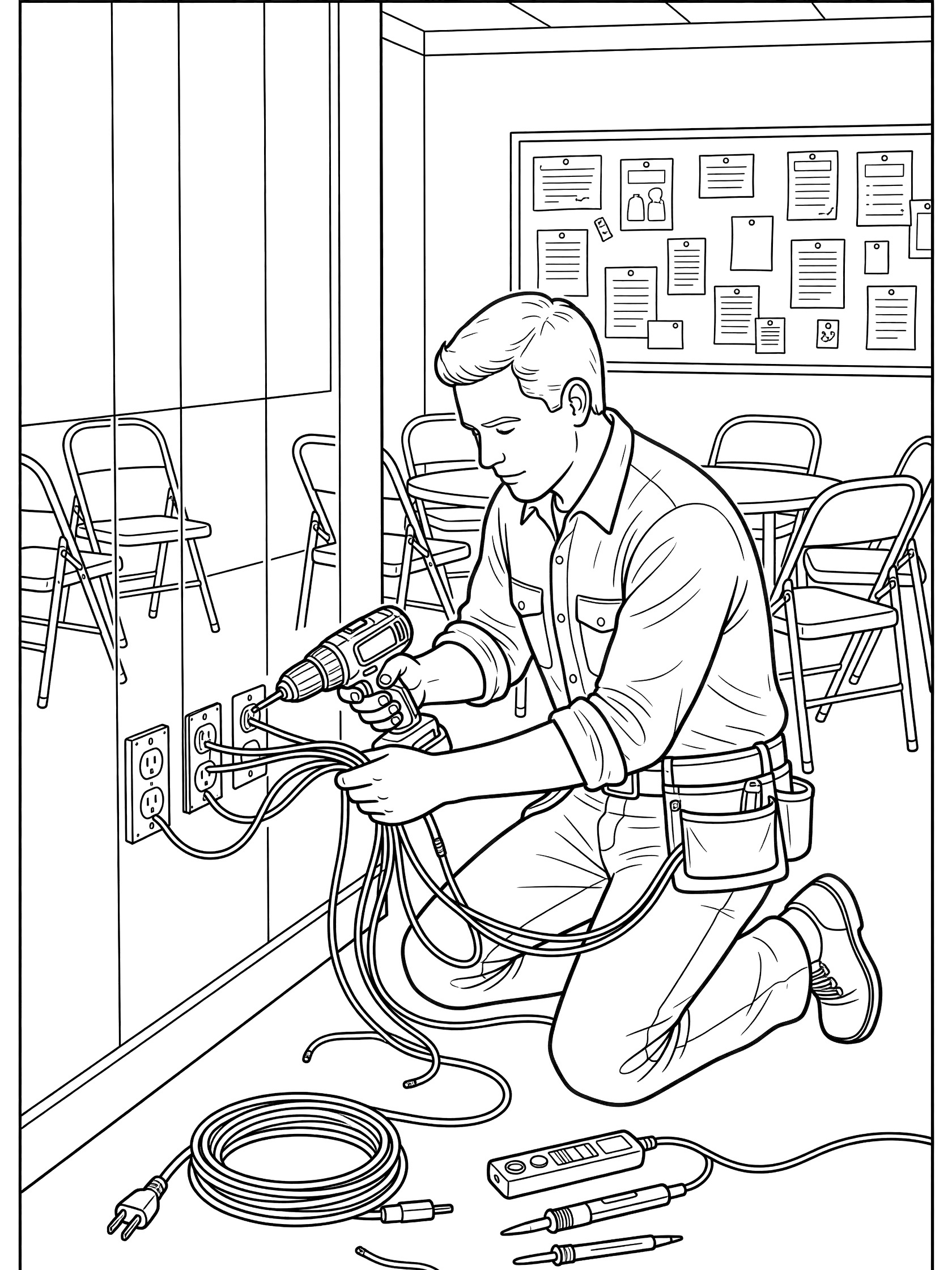 Electrician kneeling to wire electrical outlets into the wall of a community center room, with drill, wires, voltage tester, extension cord, folding chairs, and bulletin board coloring page