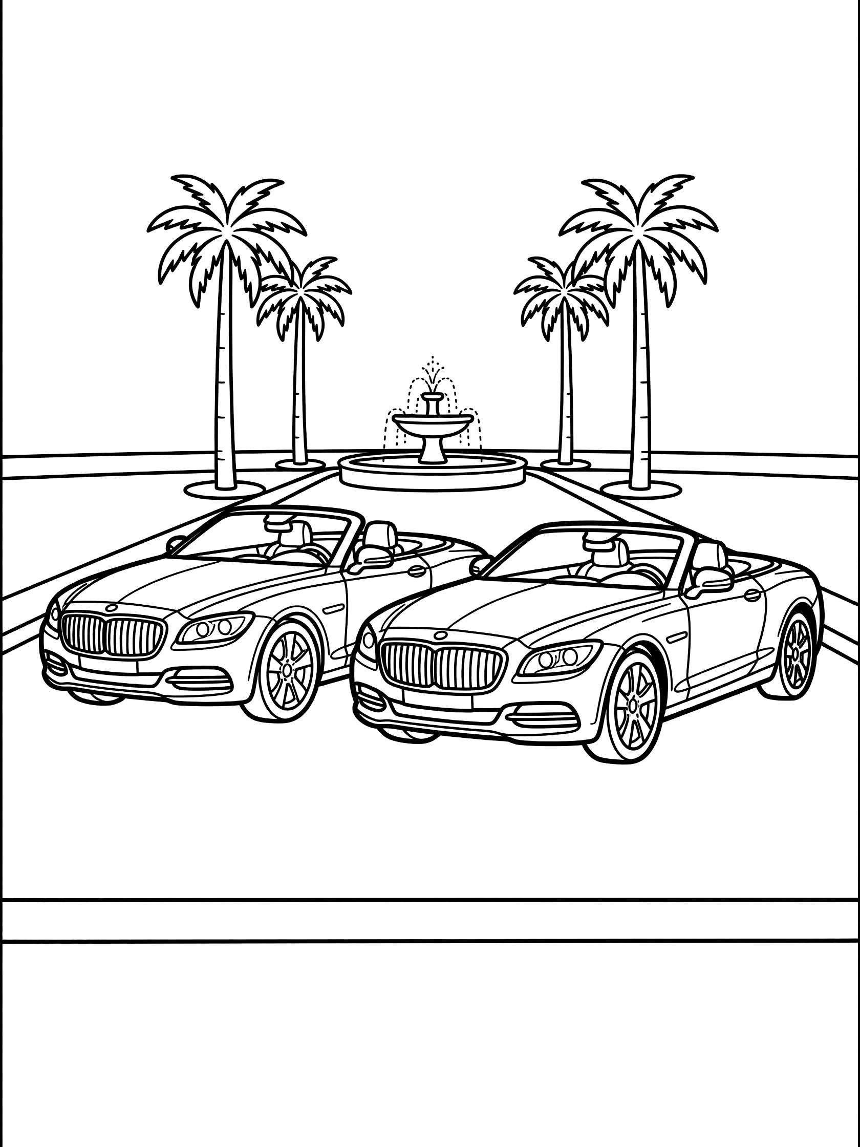 Black and white line art coloring page showing two elegant luxury cars with convertible tops parked neatly in a sunny driveway surrounded by tall palm trees and a fountain.