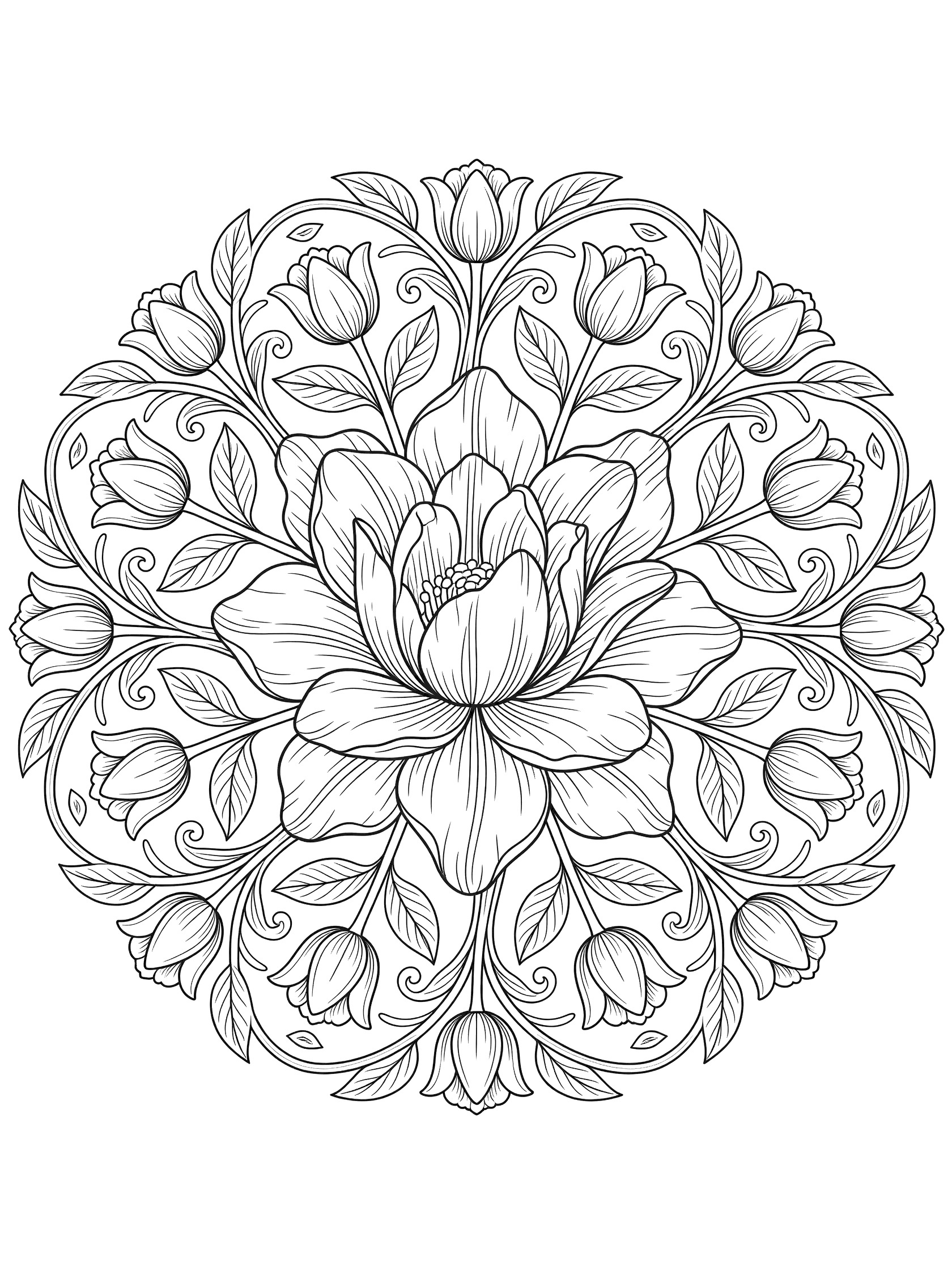 Black and white Tulip Mandala coloring page featuring a central tulip flower with radiating petals, surrounded by vines, leaves, and smaller tulip buds in symmetrical patterns.
