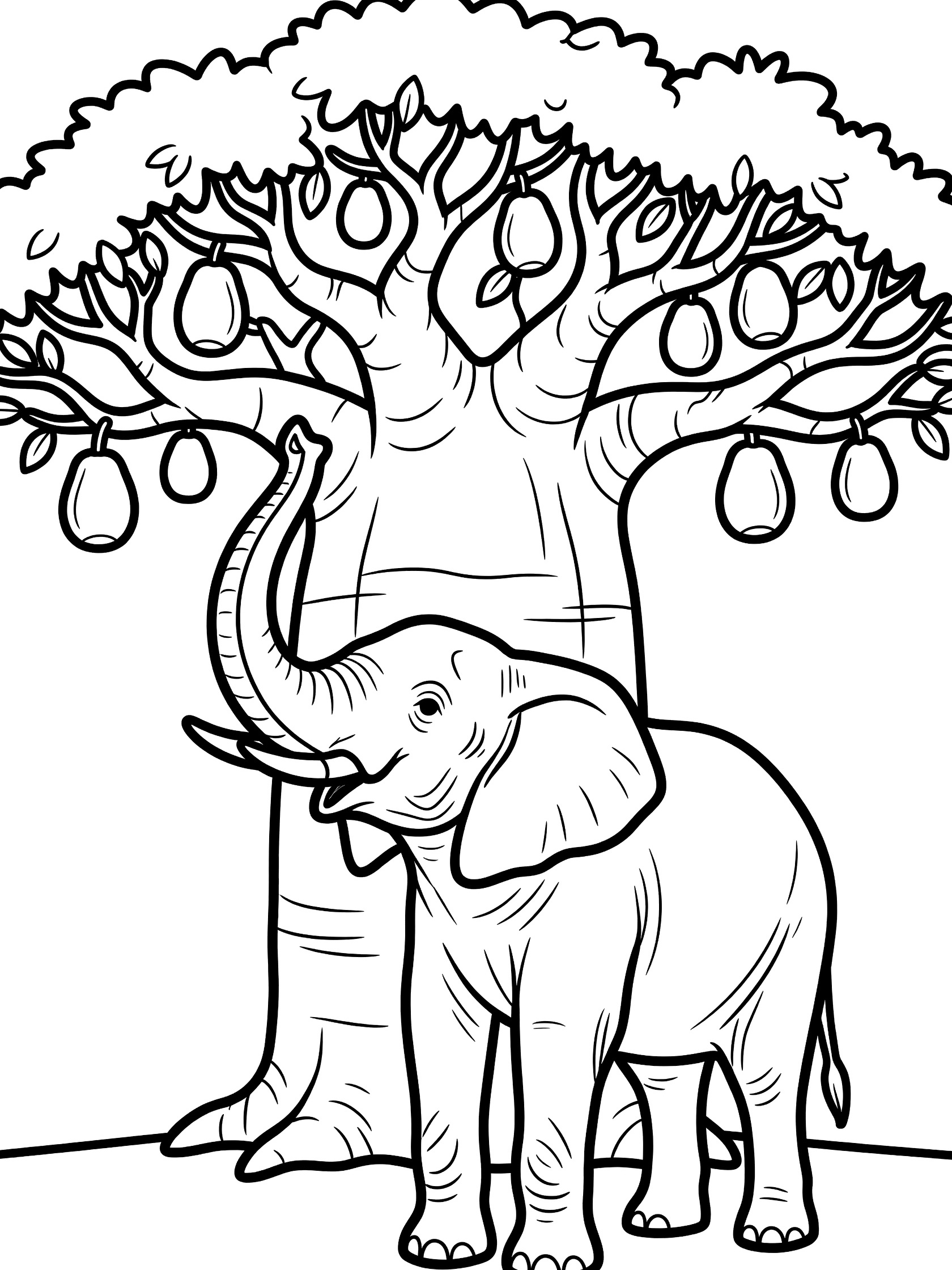 Black and white line art coloring page showing a cute elephant standing under a large baobab tree, trunk curved up toward hanging fruits on wide branches.