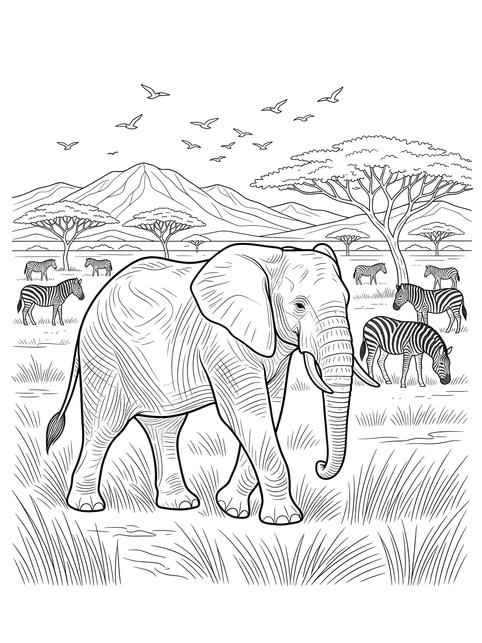 Black and white line drawing of a large elephant striding through savanna grass with zebras, acacia trees, distant mountains, and flying birds.