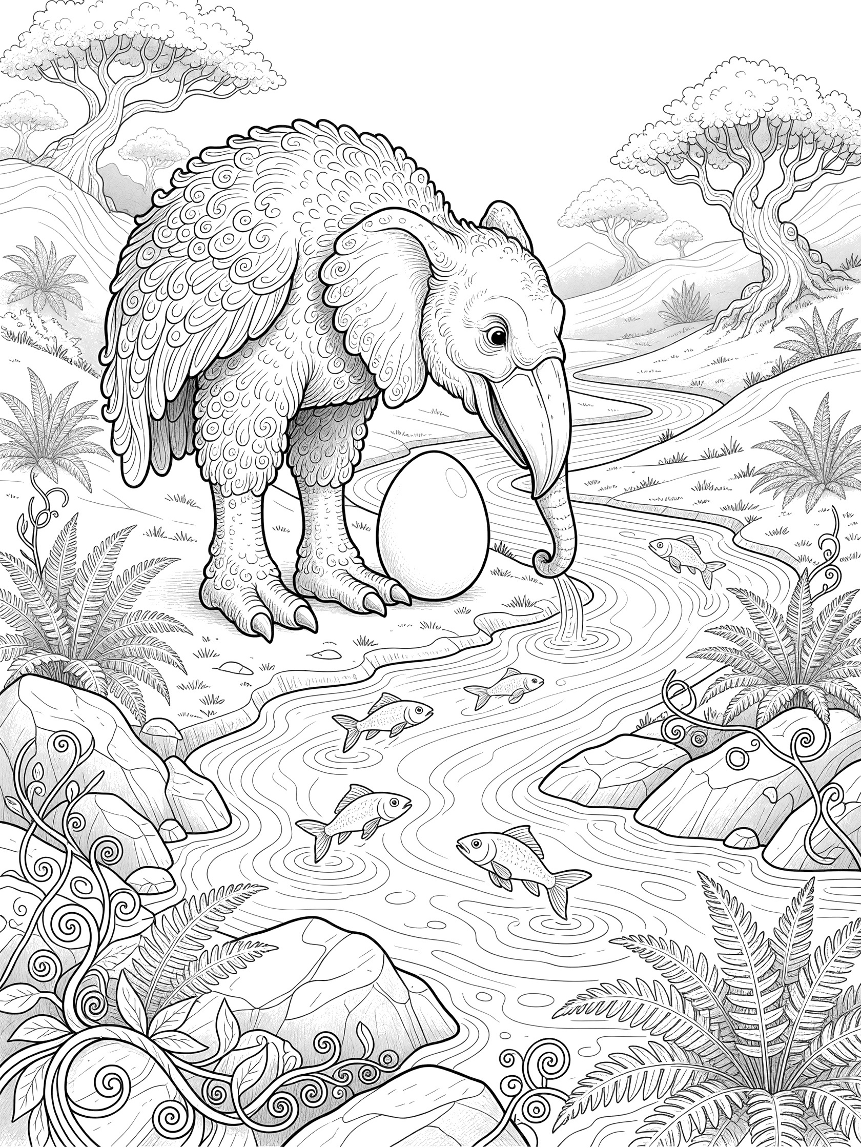 Black and white line art of a whimsical Elephant Bird dipping its beak in a river to drink, standing by a large egg, surrounded by rocks, vines, ferns, jumping fish, and misty hills.