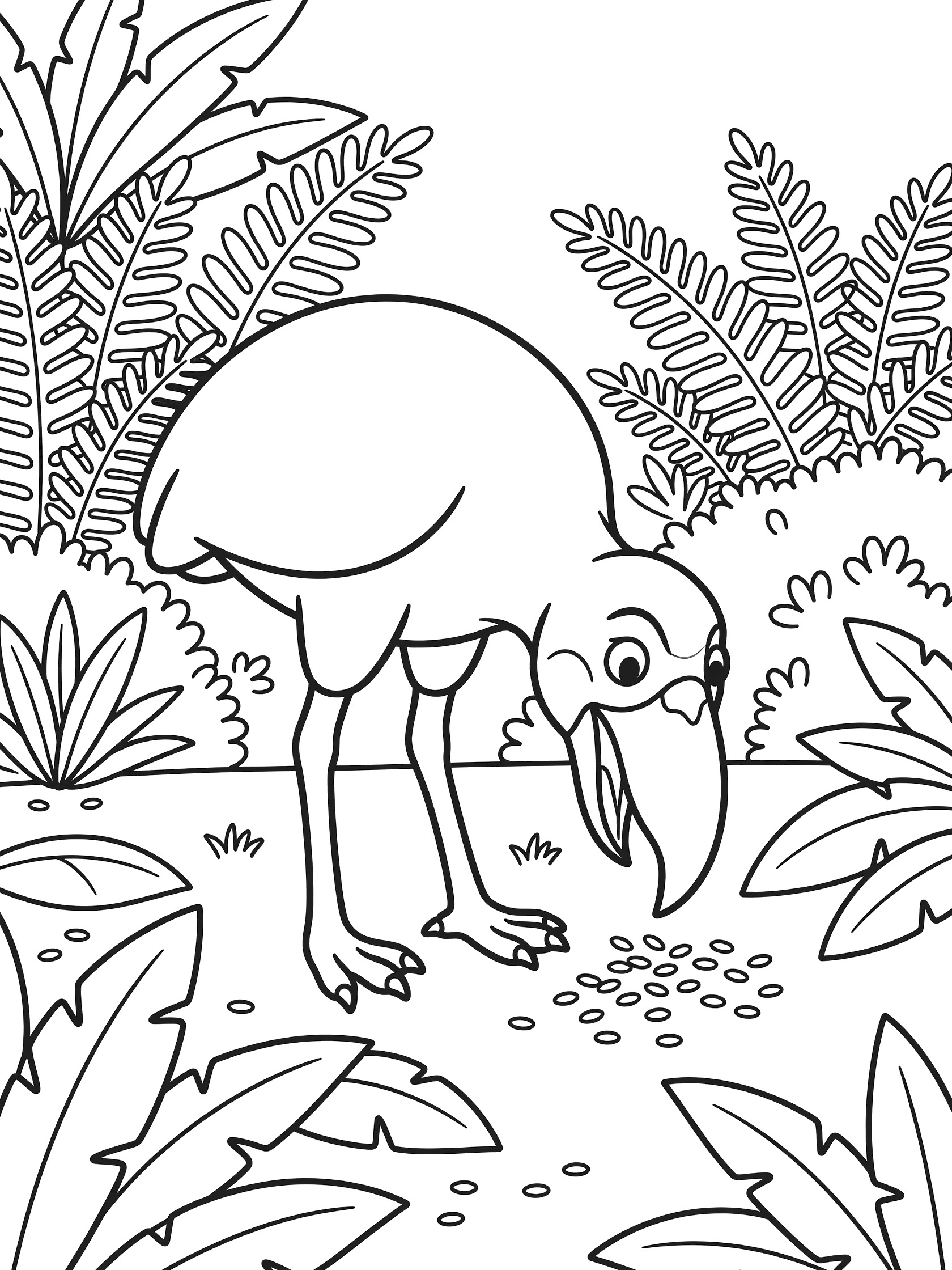 Black-and-white line art of an Elephant Bird bending to peck scattered seeds amid jungle leaves, ferns, and bushes on a white background.