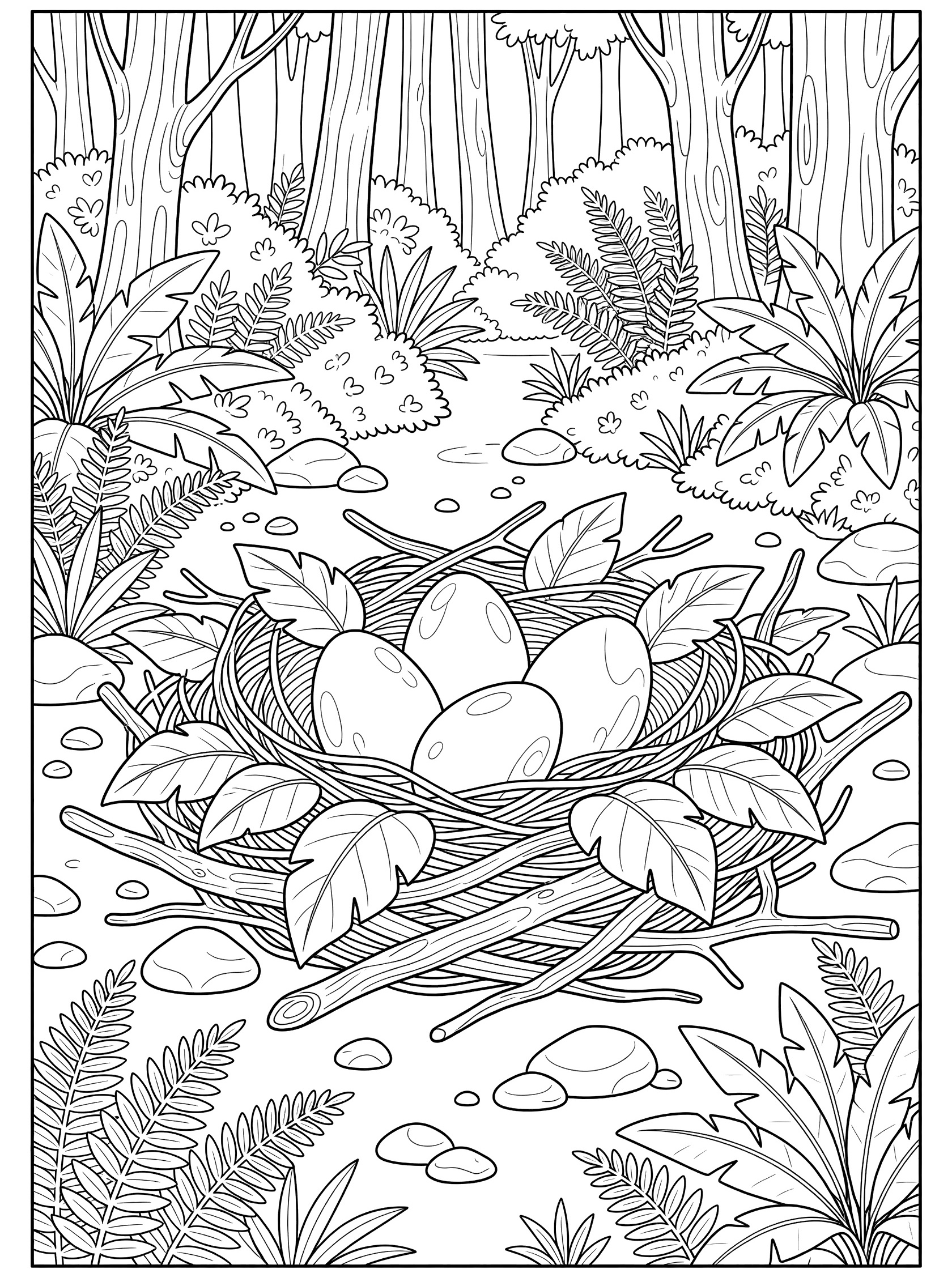 Cute cartoon coloring page of an Elephant Bird nest made of twisted branches and leaves holding three big smooth eggs on a forest floor with ferns and pebbles.