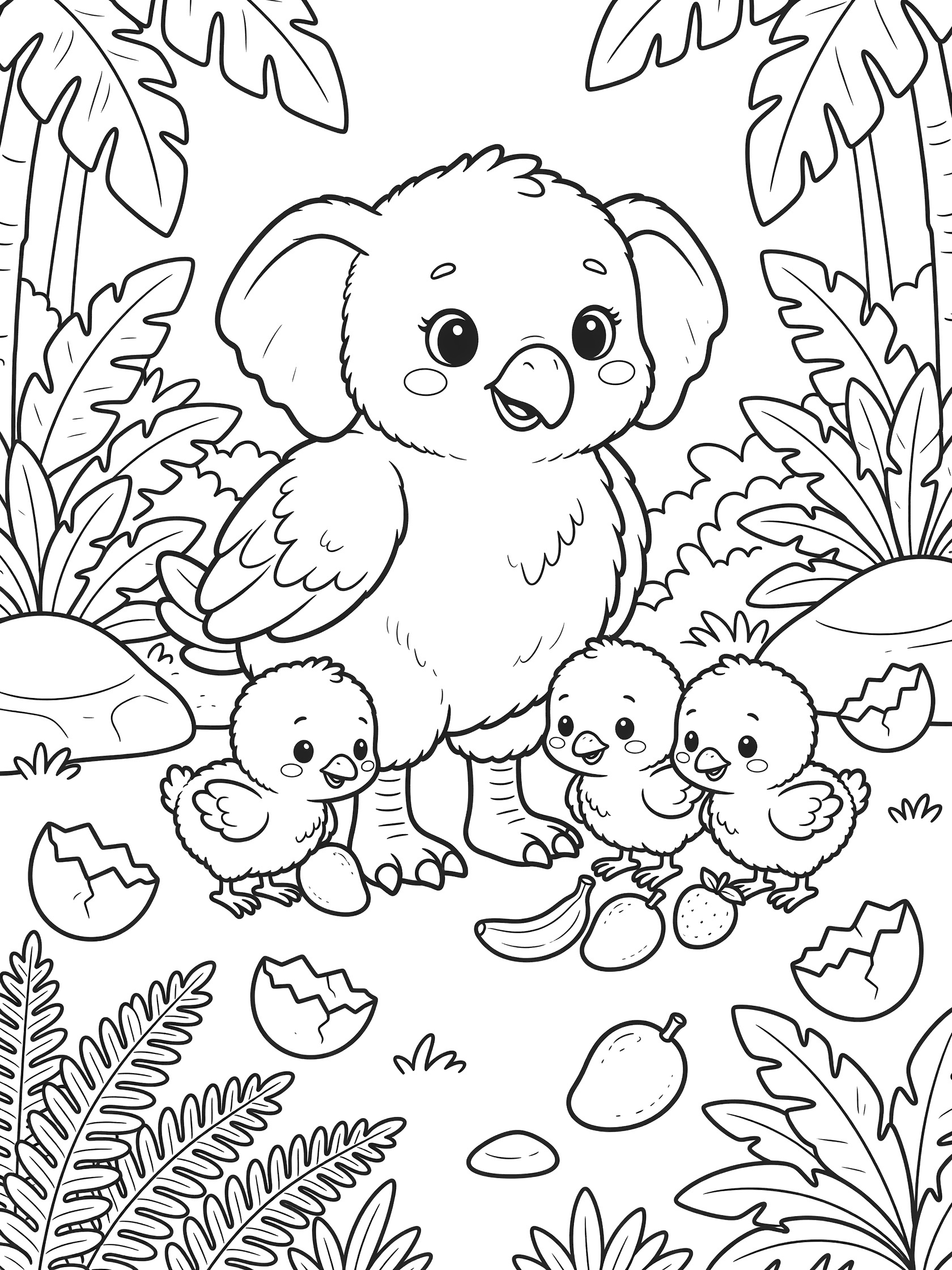 Black and white line art of a cute elephant bird mom with big eyes and smile, standing with three chicks near her legs, surrounded by jungle plants, fruits, eggshells, and rocks.