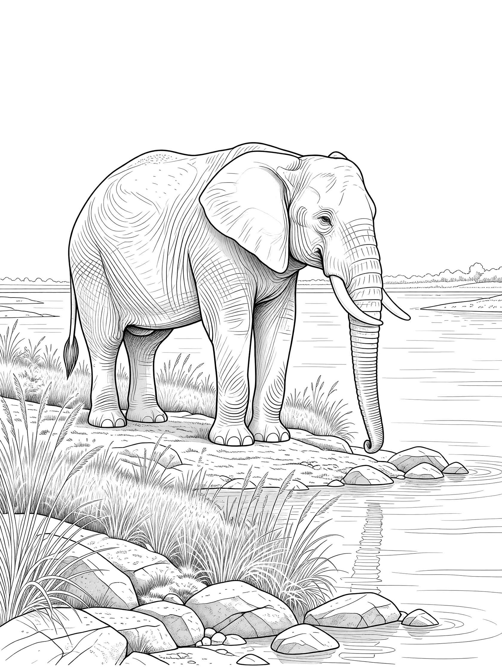Black and white line art coloring page showing a large elephant standing by a river, drinking water with its long trunk, surrounded by grass and rocks. Ganges River themed black and white printable line art