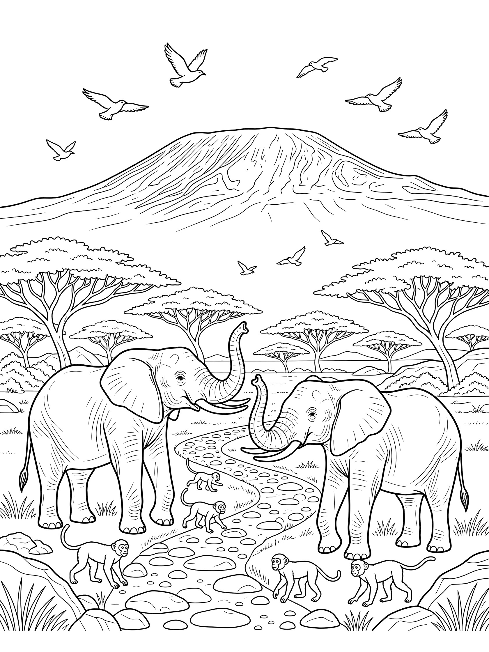 Black and white line art coloring page showing two elephants with a baby elephant trunk to trunk on a path with monkeys trees birds and a big mountain in the background. Mount Kilimanjaro themed black and white printable line art