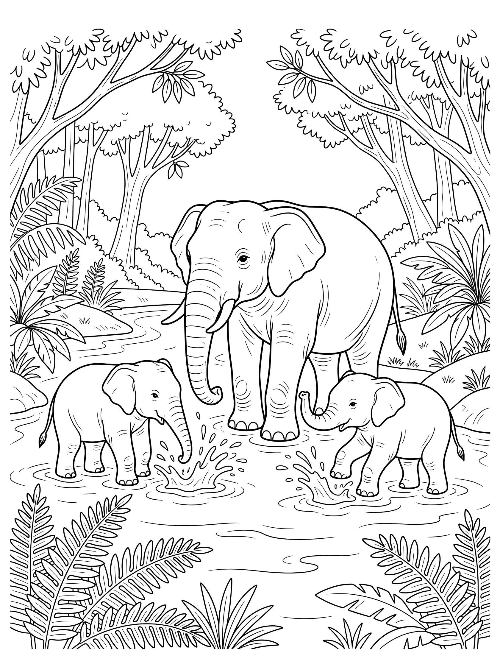 Black and white line art coloring page showing mother elephant with trunk raised and two calves splashing water in a forest river surrounded by ferns and branches. Asia Forests themed black and white printable line art
