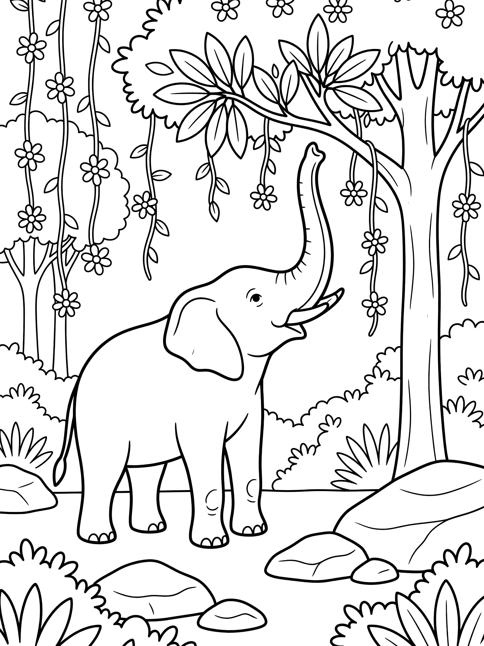 Black and white line art coloring page showing an elephant with trunk stretched up to grab leaves from a tall tree branch. Jungle vines, flowers, bushes, and rocks fill the background.