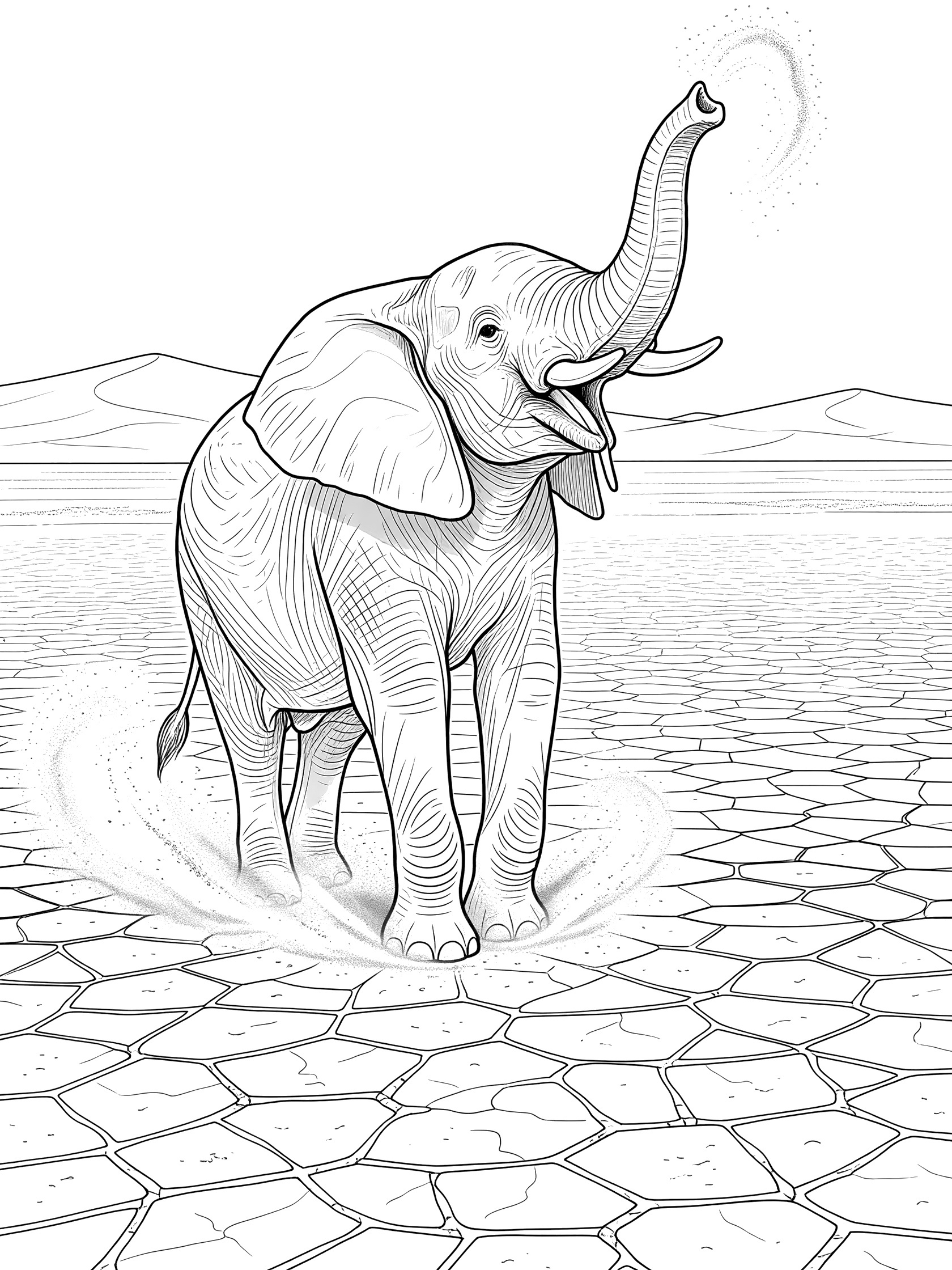 Black and white line art of an elephant with raised trunk spraying dust over cracked Kalahari Desert pan, distant dunes in background