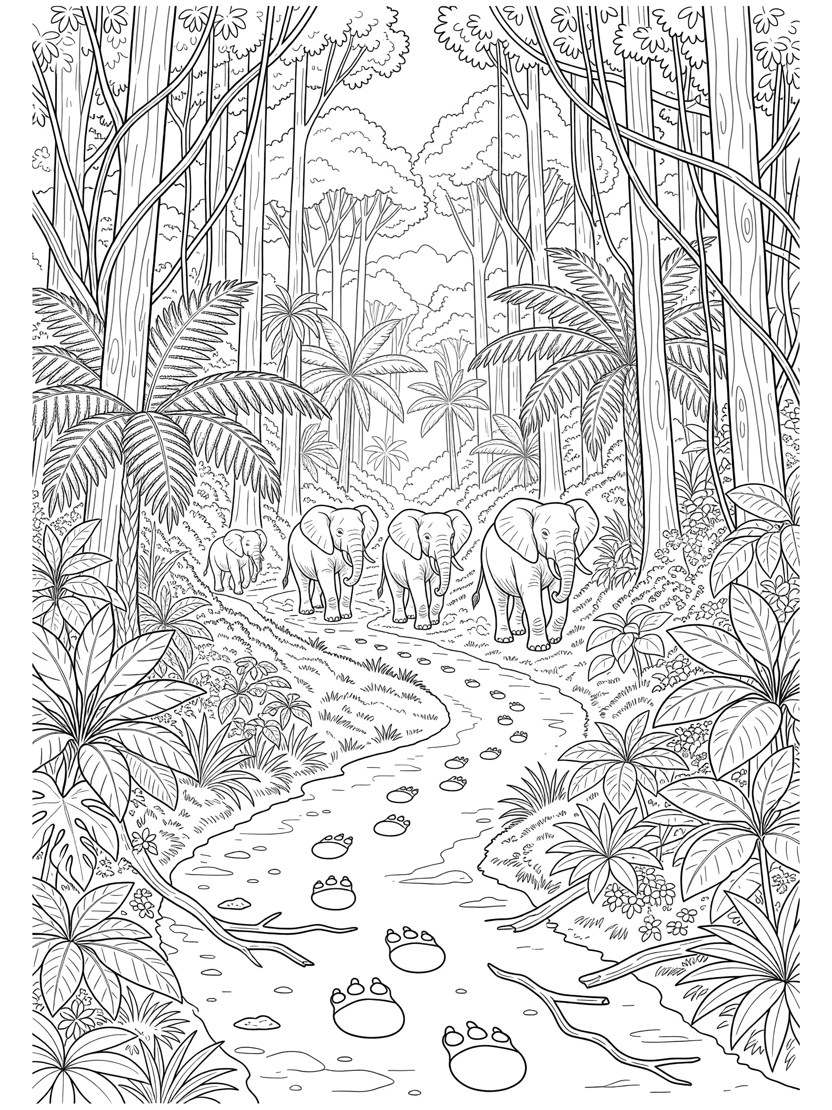 Black and white line art coloring page showing three elephants walking in a single file along a winding trail through a lush forest with tall trees, ferns, and elephant footprints. African Forests themed black and white printable line art
