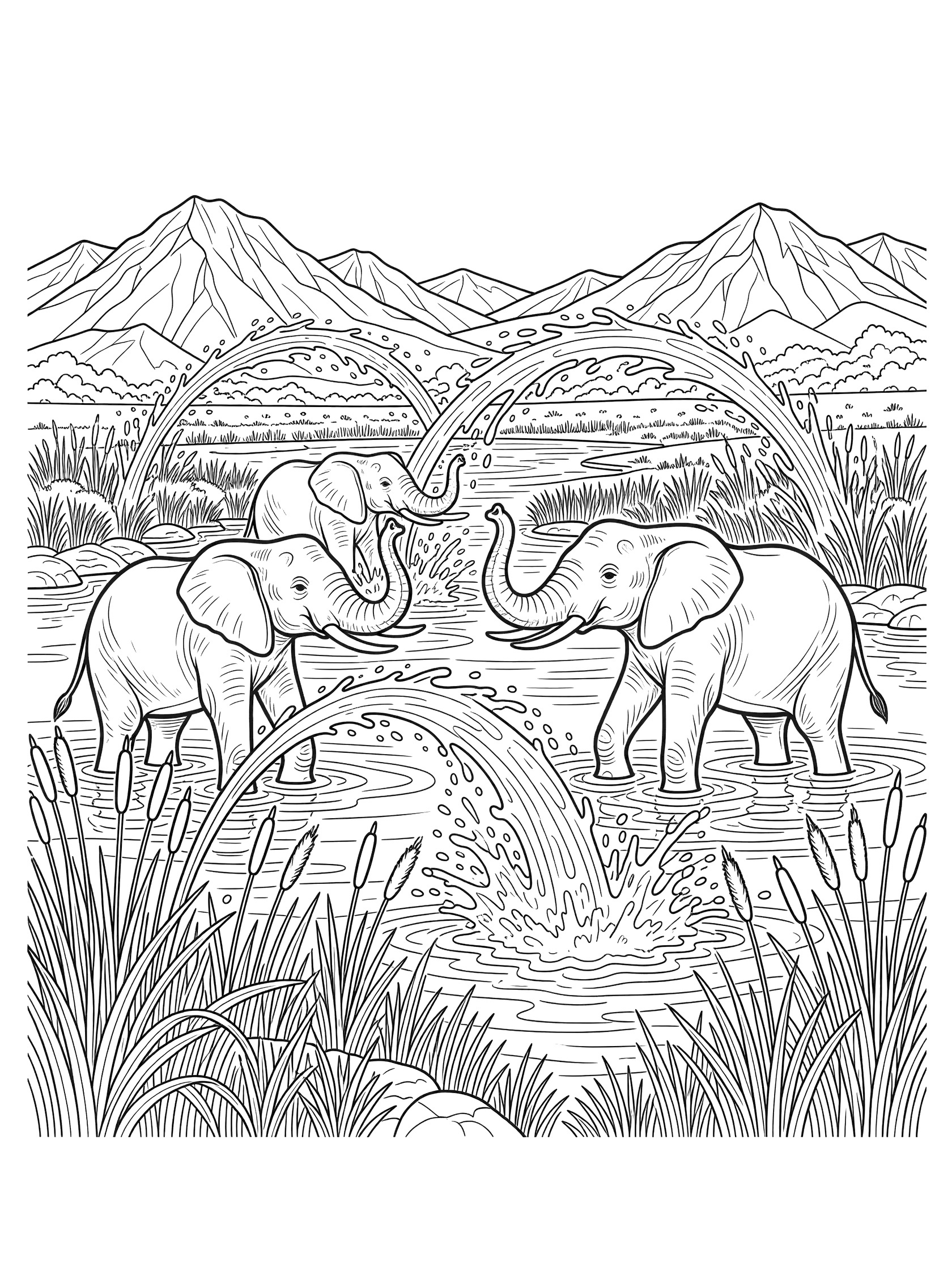 Black and white line art coloring page showing four large elephants wading in a river, spraying water arcs with trunks, surrounded by tall reeds and distant mountains. Congo River themed black and white printable line art