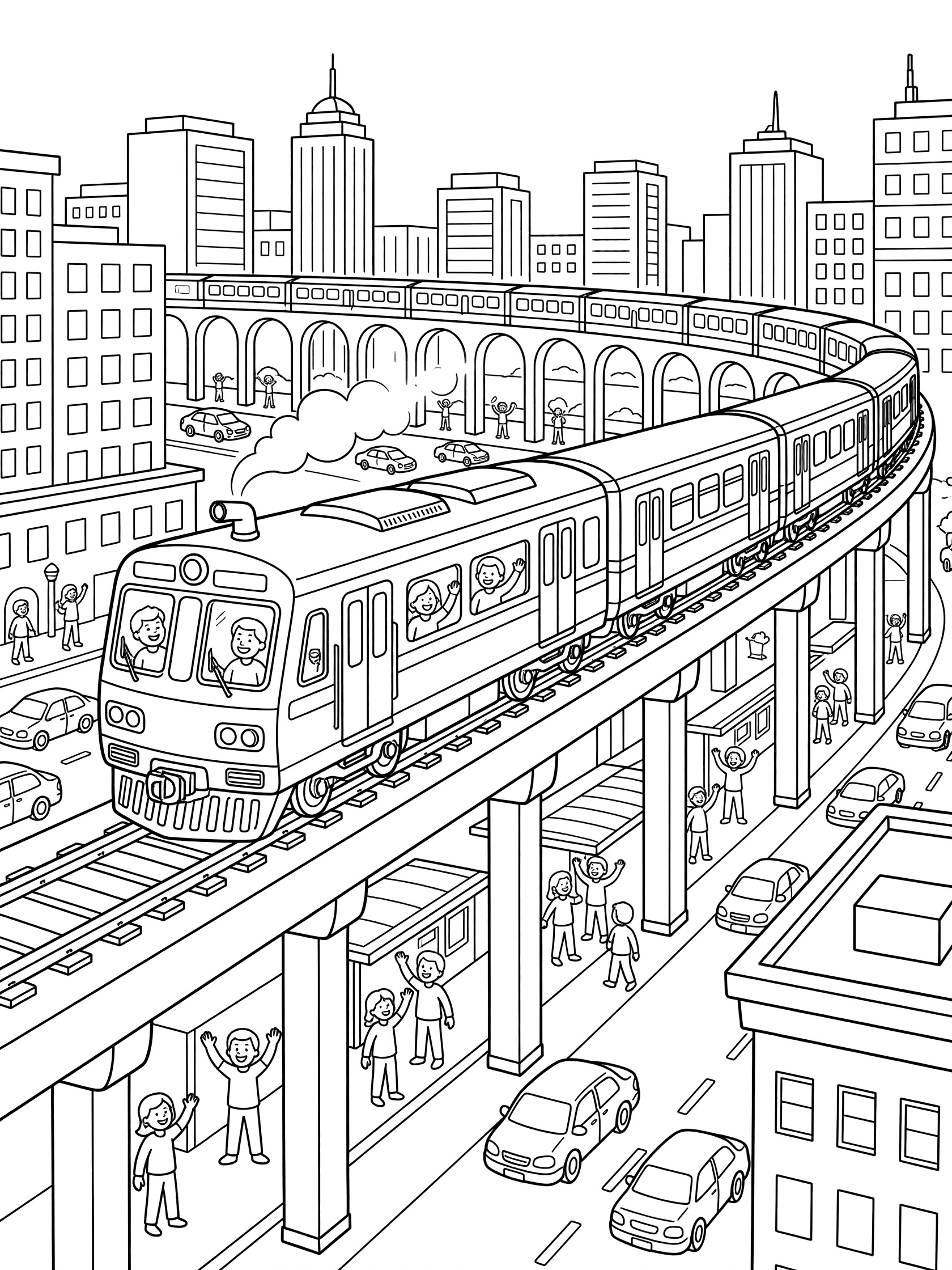Black and white line art of a train on a curved elevated track above city streets with skyscrapers, cars, people walking, and traffic. Commuter Trains themed black and white printable line art
