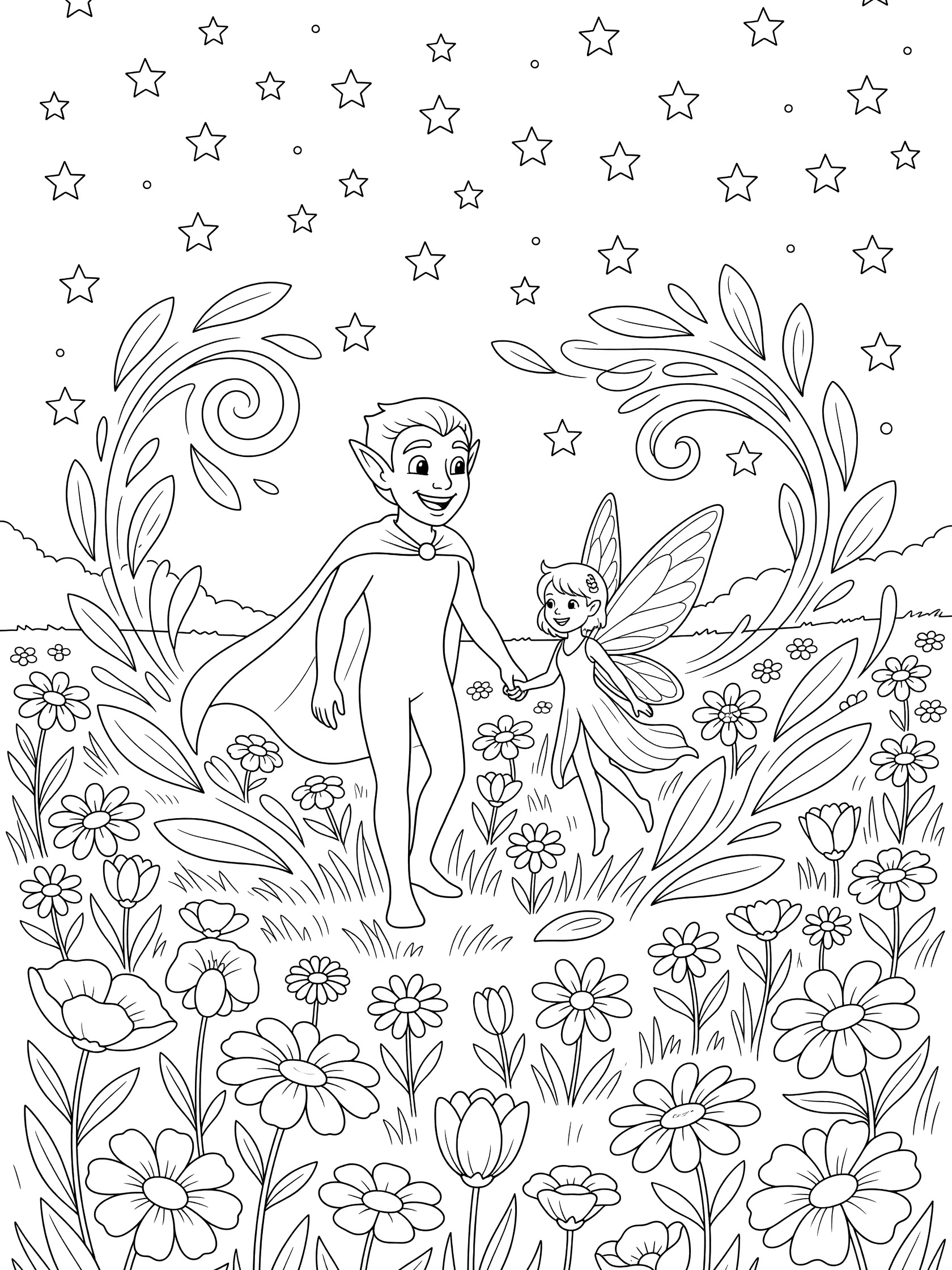 Black and white line art coloring page showing a smiling elf with cape holding hands with a winged fairy in a flower-filled meadow with stars above. Dark Elves themed black and white printable line art