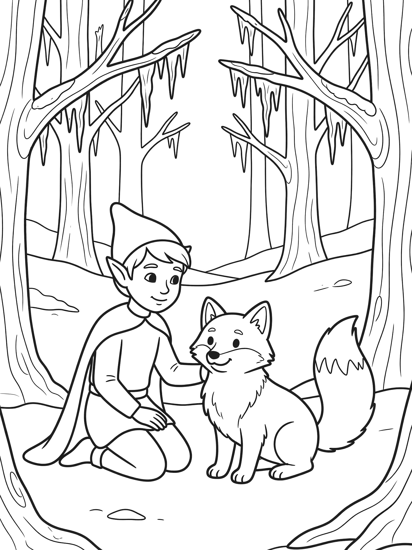 Black and white line art coloring page showing a kind elf in a hat and cape kneeling to pet a happy fox with bushy tail in a frosty forest clearing with trees and icicles. Snow Elves themed black and white printable line art