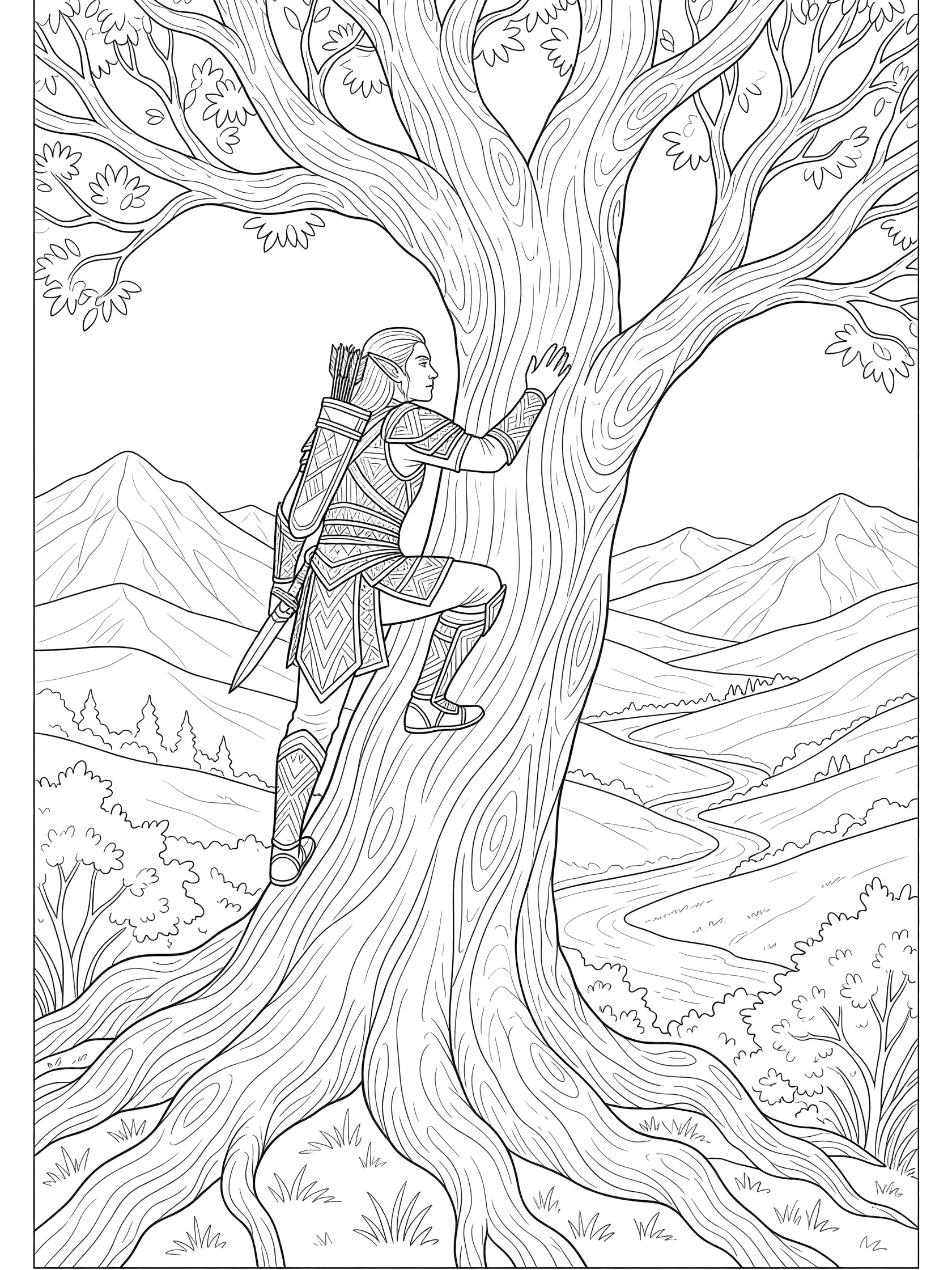 Black and white line art coloring page showing a warrior elf climbing a massive tree with bow quiver and dagger, overlooking a valley with mountains, river, and grass. Warrior Elves themed black and white printable line art