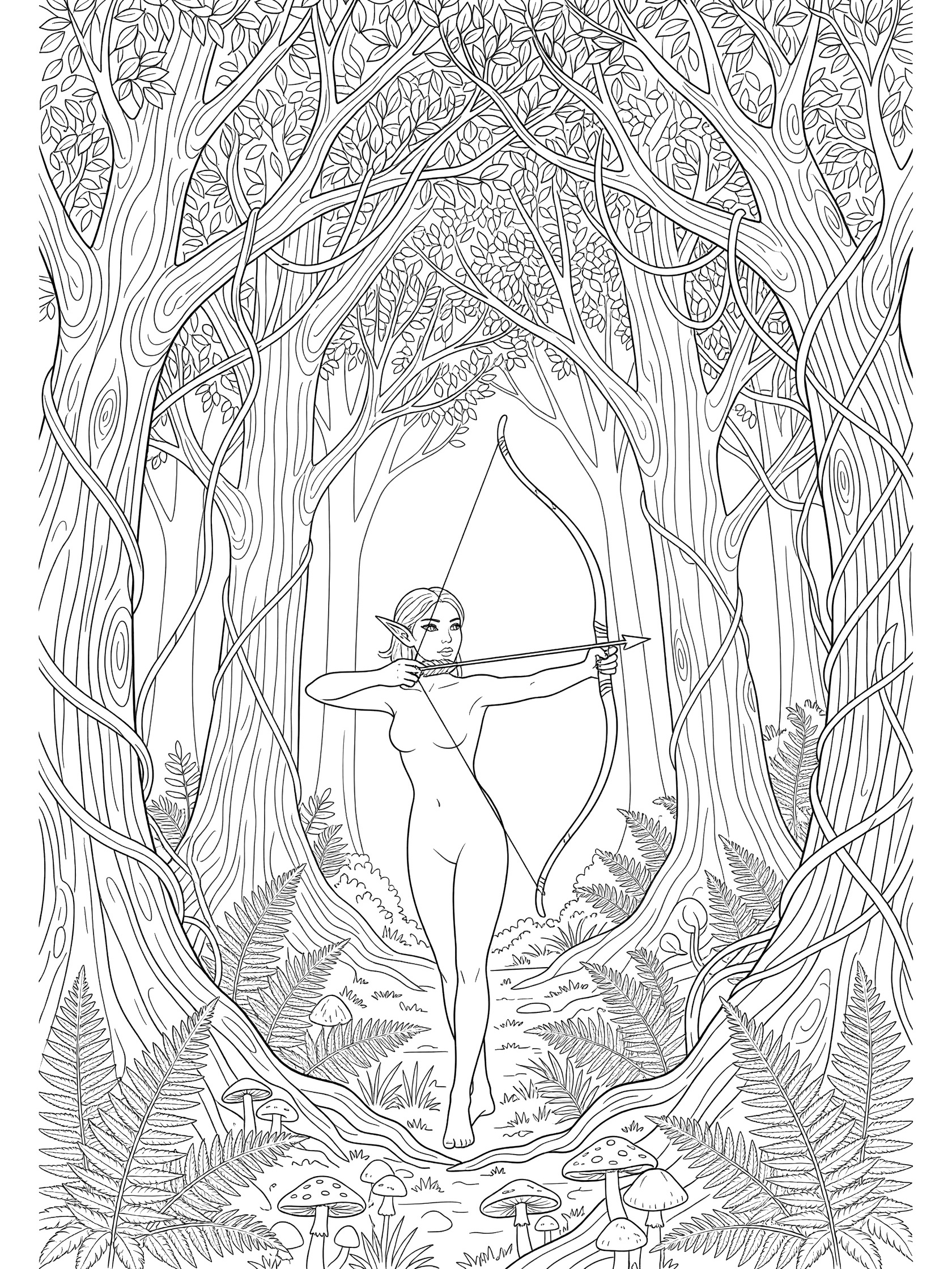Black and white line art of a nude elf archer with pointed ears standing in a forest, pulling back a bow and arrow, surrounded by tall trees with leaves and vines, ferns, and mushrooms at the base. Tolkien Elves themed black and white printable line art