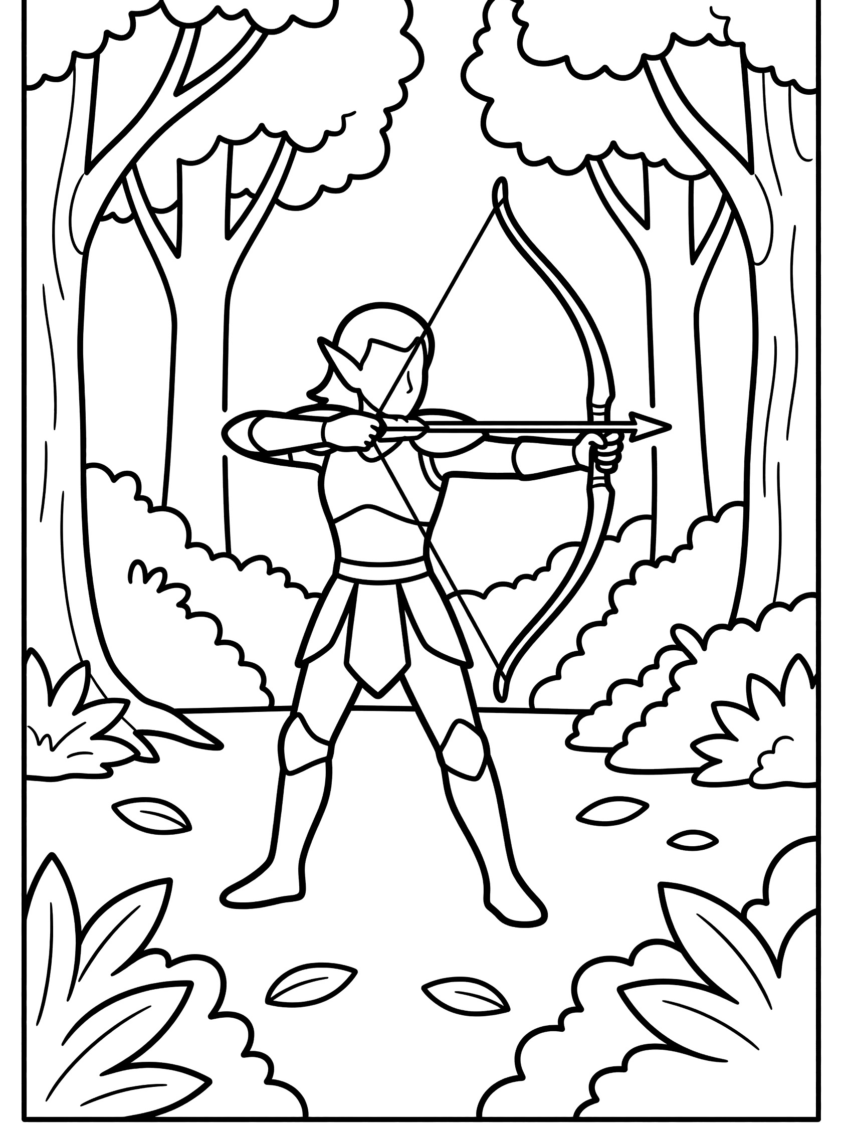 Black and white line art coloring page showing a warrior elf with pointed ears in light armor pulling back a bow and arrow in a forest with trees and bushes. Warrior Elves themed black and white printable line art