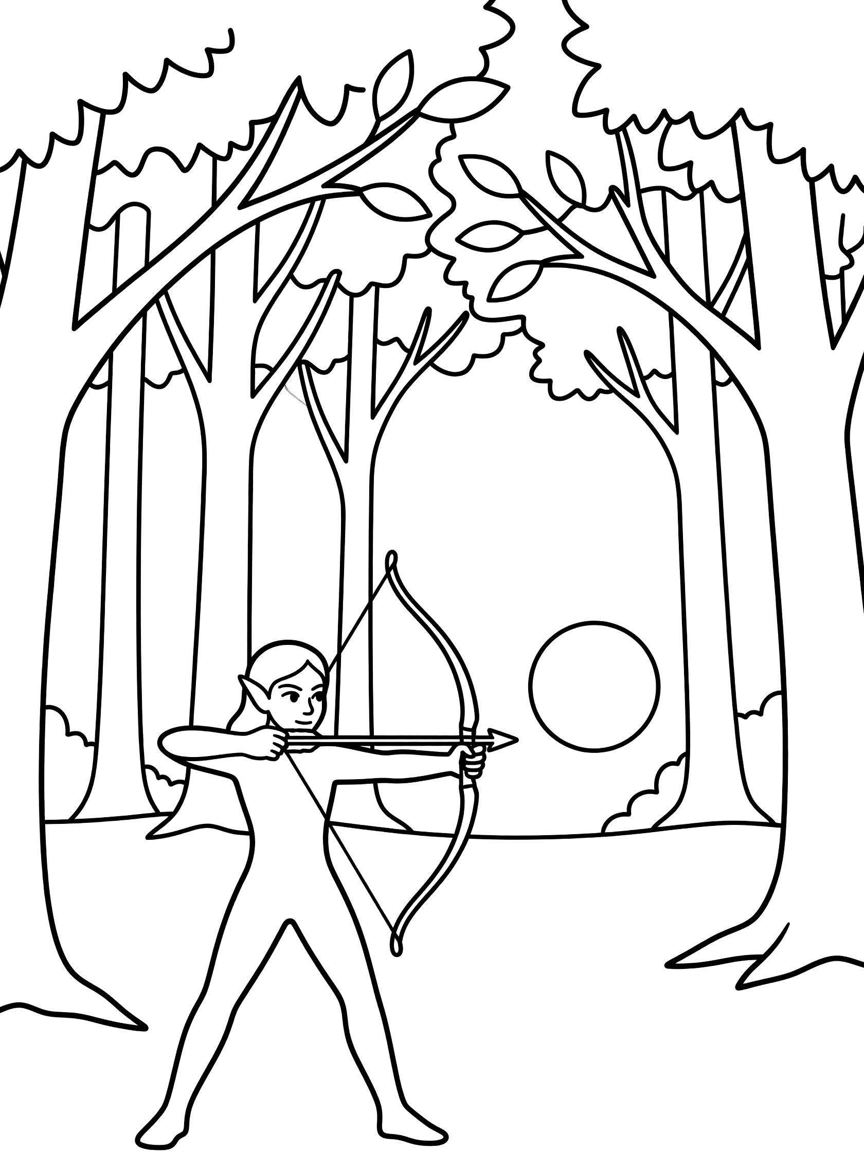 Black and white coloring page of an elf archer in a forest, drawing a bow with arrow aimed forward, surrounded by tall trees and branches. Dark Elves themed black and white printable line art