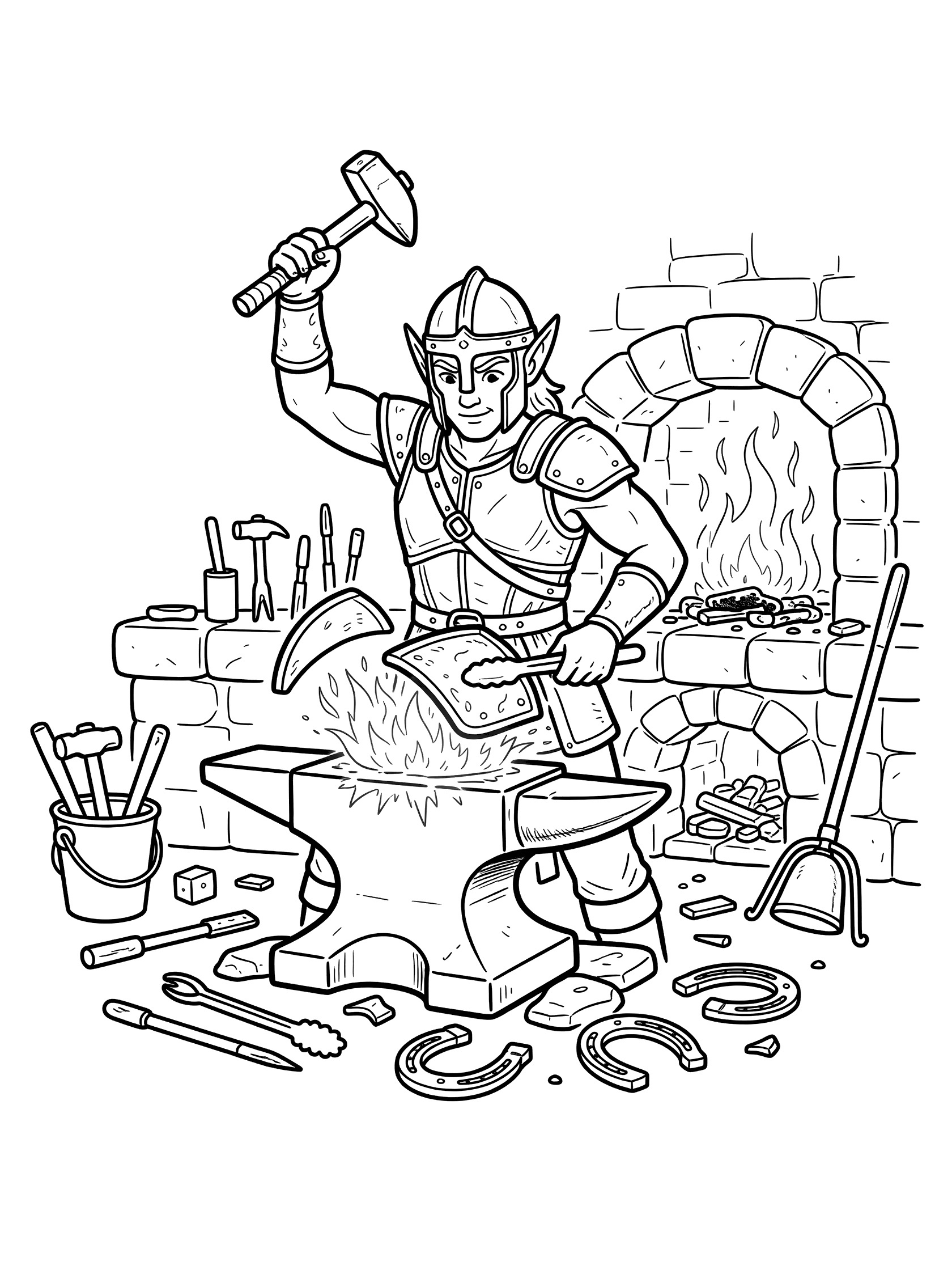 Black and white line art of a pointy-eared elf warrior in armor hammering glowing metal on an anvil in a stone forge with fire, tools, bucket, and horseshoes. Warrior Elves themed black and white printable line art