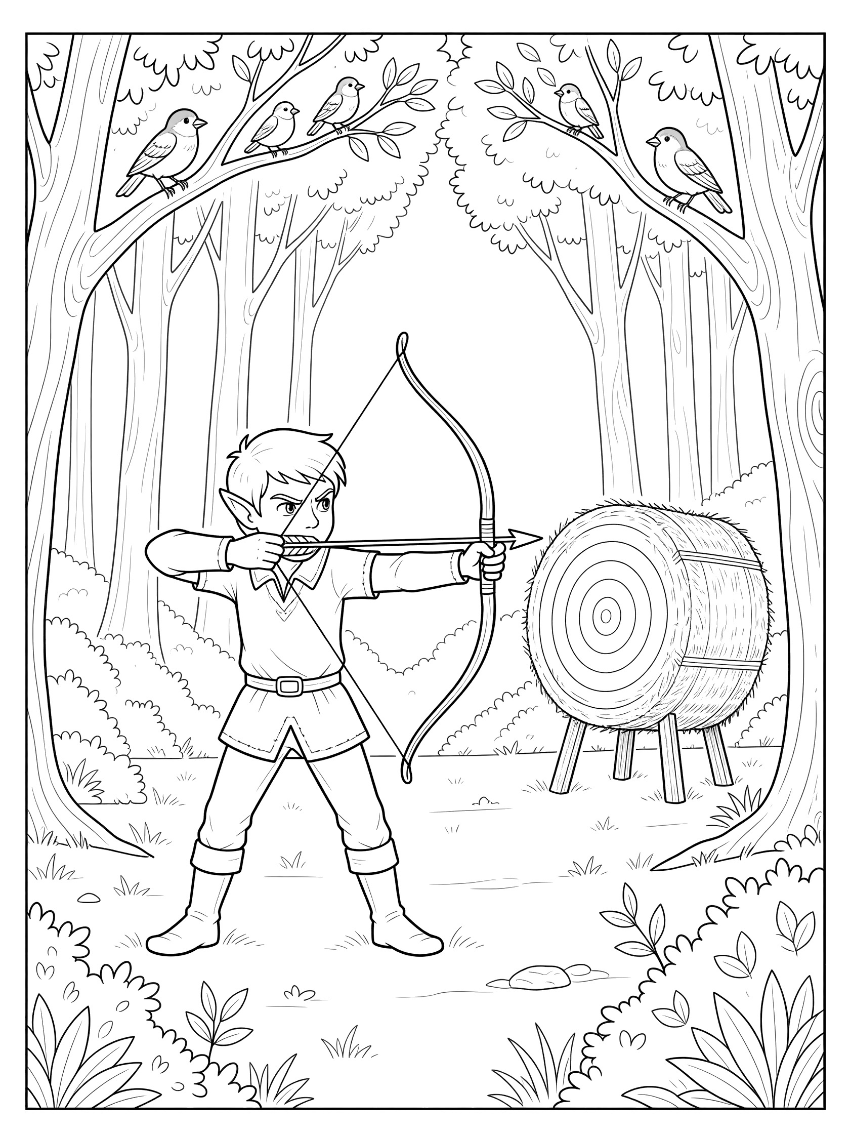 Black and white line art coloring page of an elf boy in tunic and boots drawing a bow to shoot at a round straw target in a forest clearing surrounded by trees and birds. Elves themed black and white printable line art
