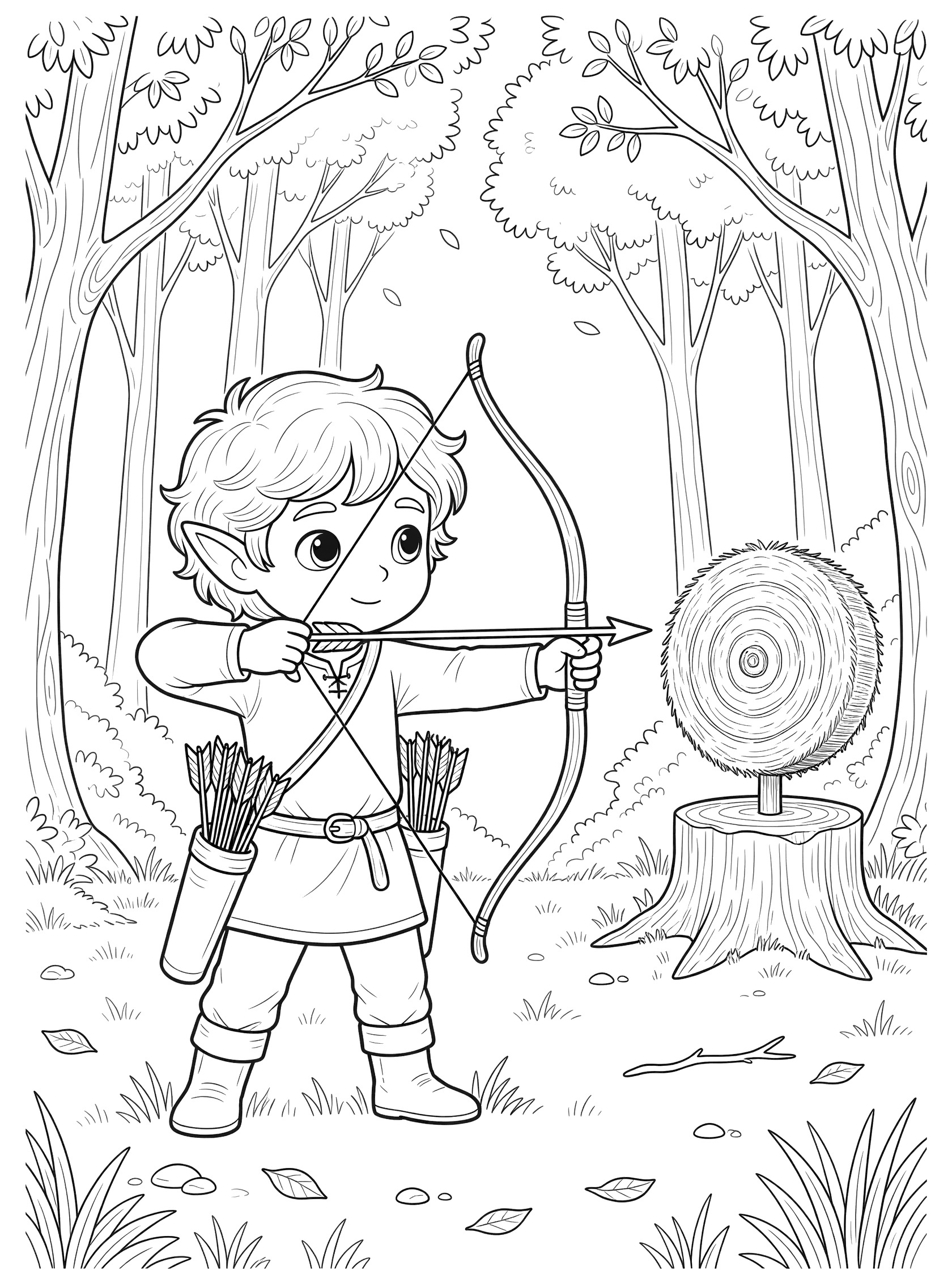 Black and white coloring page of a young elf boy with pointy ears drawing a bow and arrow aimed at a round straw target on a stump surrounded by forest trees and falling leaves. Wood Elves themed black and white printable line art