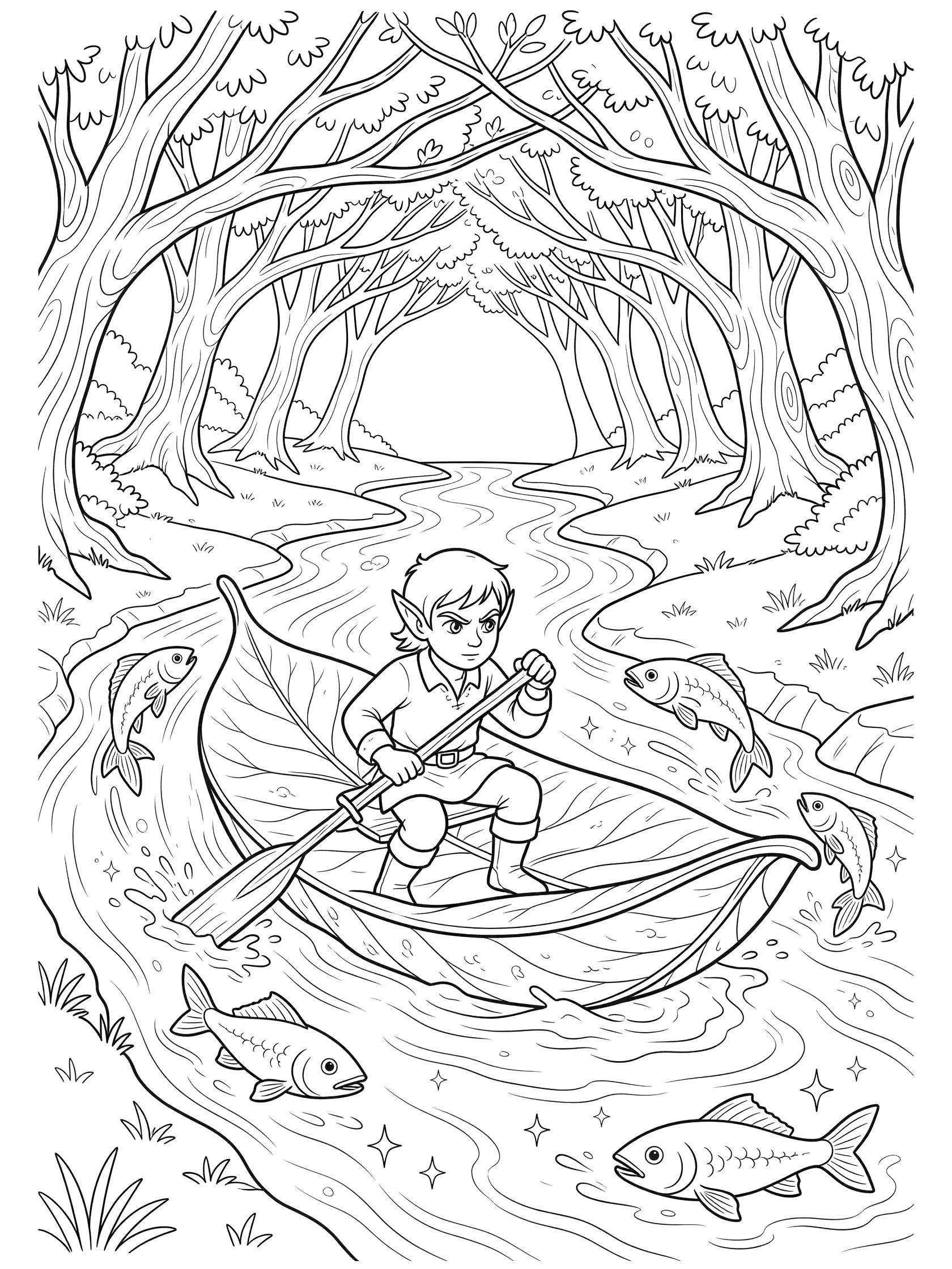 Black and white coloring page showing an elf boy with pointy ears paddling a large leaf boat on a winding stream surrounded by trees and playful fish jumping out of the water. Tolkien Elves themed black and white printable line art