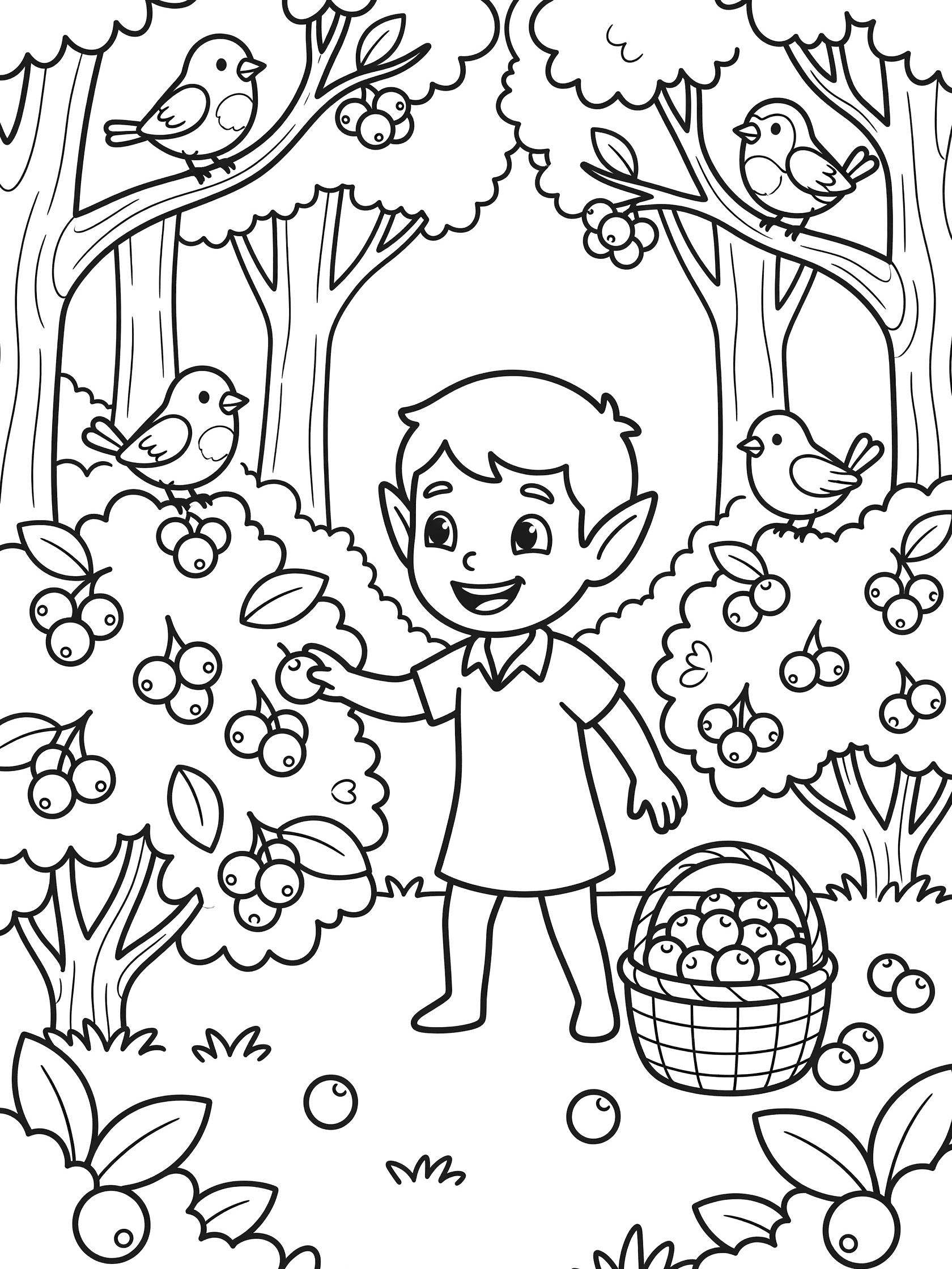 Black and white line art coloring page showing a smiling elf boy with pointy ears and tunic picking berries from bushes in a forest. He holds a full berry basket, birds perch on tree branches nearby. Wood Elves themed black and white printable line art