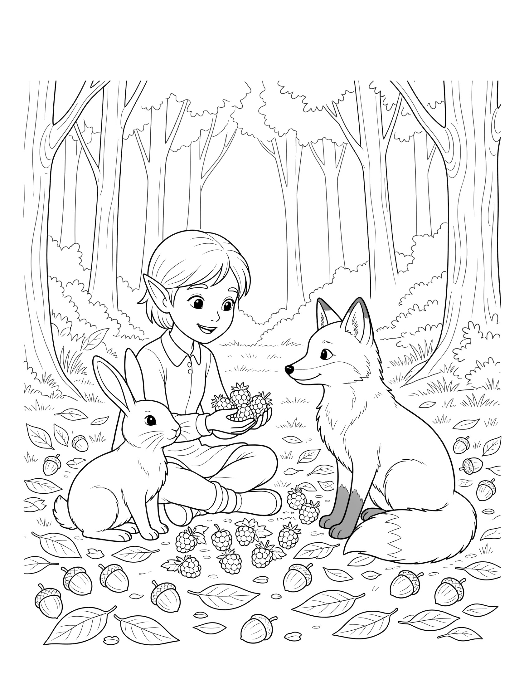 Black and white line art coloring page showing a smiling elf boy with pointy ears sitting cross-legged, holding berries, with a fox and bunny beside him on the forest ground scattered with leaves and acorns, trees in background. Tolkien Elves themed black and white printable line art
