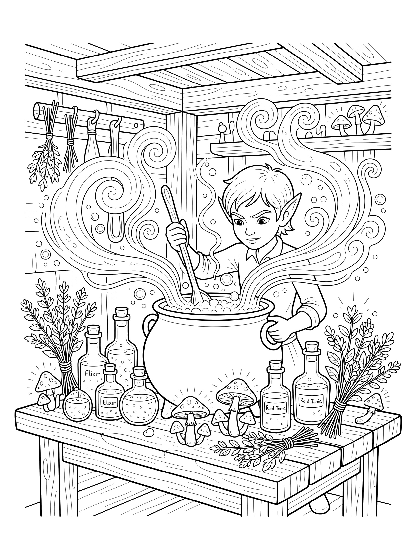 Black and white line art of a young elf boy with pointy ears stirring a large bubbling cauldron on a wooden table, surrounded by glass bottles, herbs, glowing mushrooms, and rising magical swirls inside a hut with wooden beams and shelves.