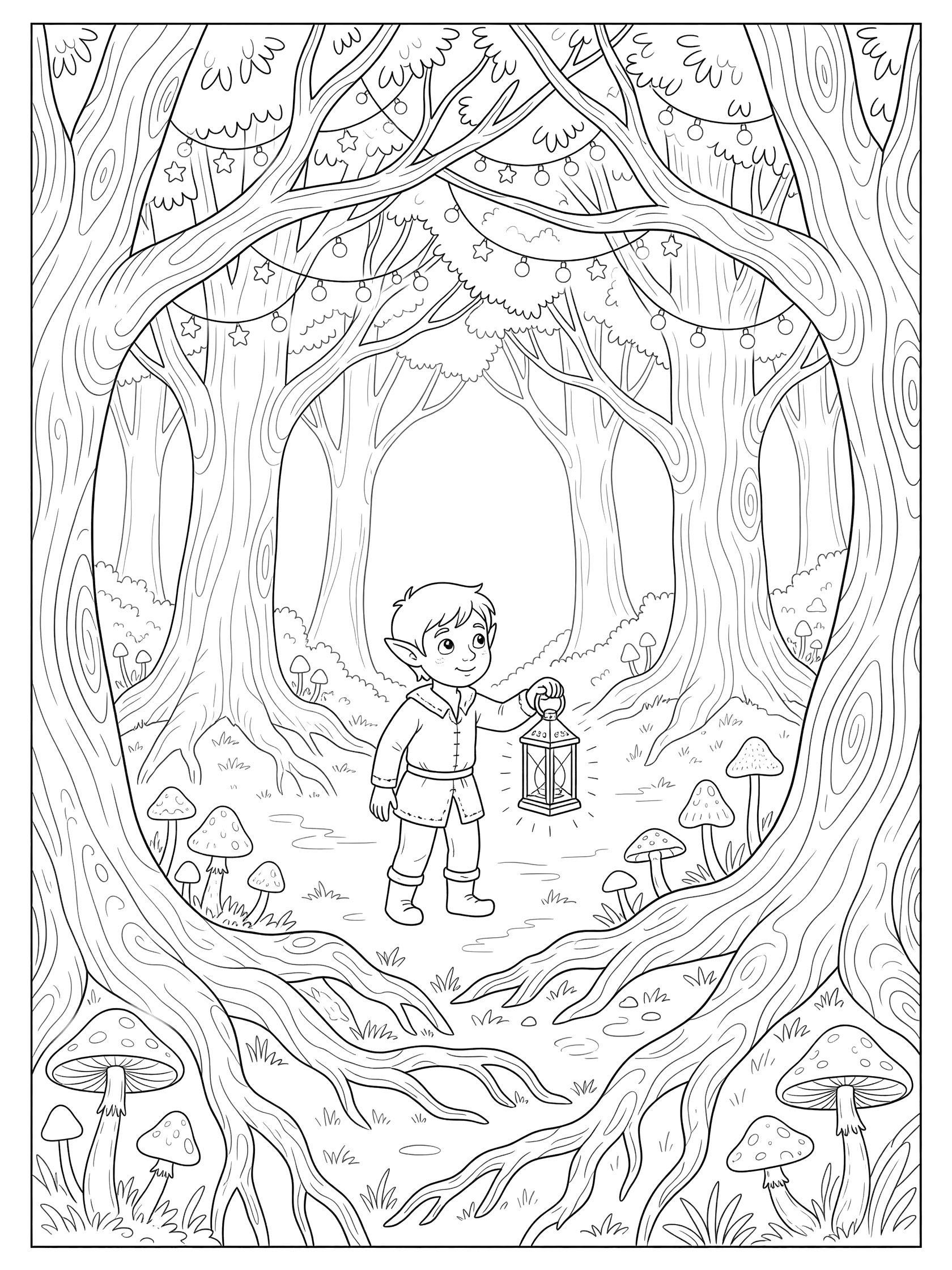 Black and white line art coloring page showing an elf boy holding a lantern in an enchanted forest with trees, mushrooms, roots, and fairy lights. Tolkien Elves themed black and white printable line art