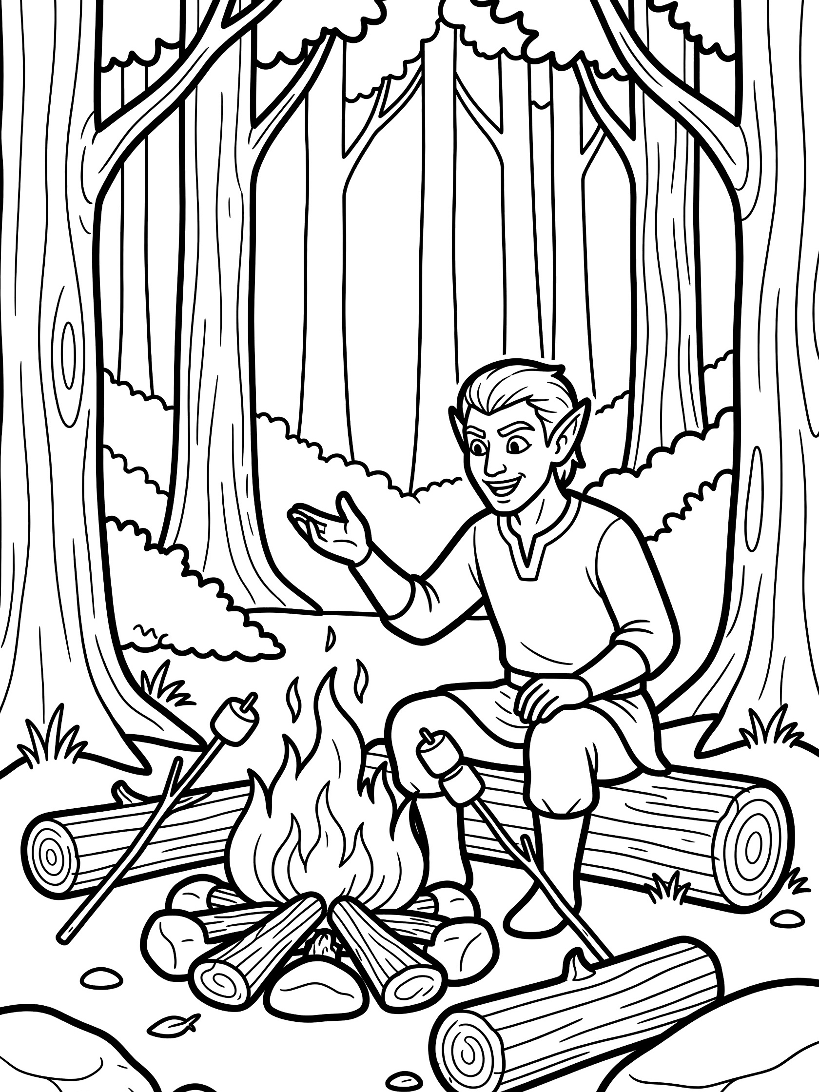 Black and white line art coloring page showing a smiling elf with pointy ears sitting on a log by a campfire, holding sticks with marshmallows, surrounded by trees and rocks. Dark Elves themed black and white printable line art