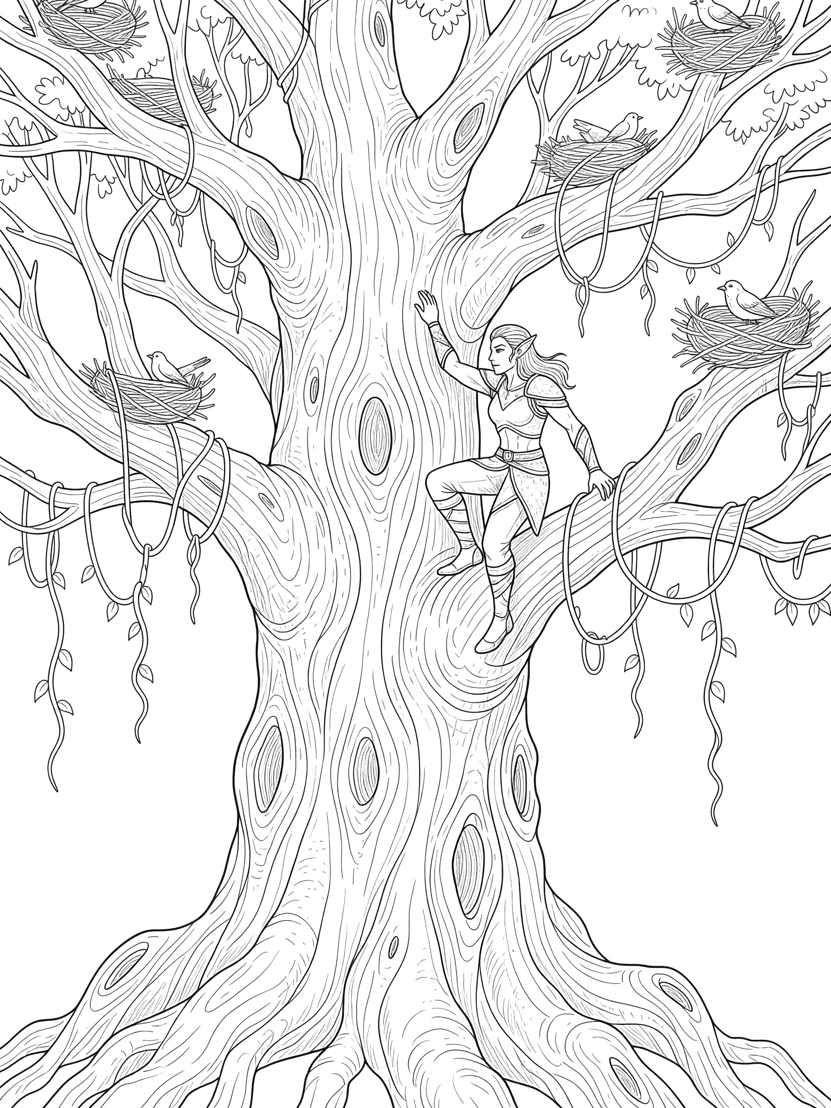 Black and white line art coloring page showing a pointy-eared elf climbing a tall tree with knotted trunk, branches, bird nests, birds, and hanging vines. Dark Elves themed black and white printable line art