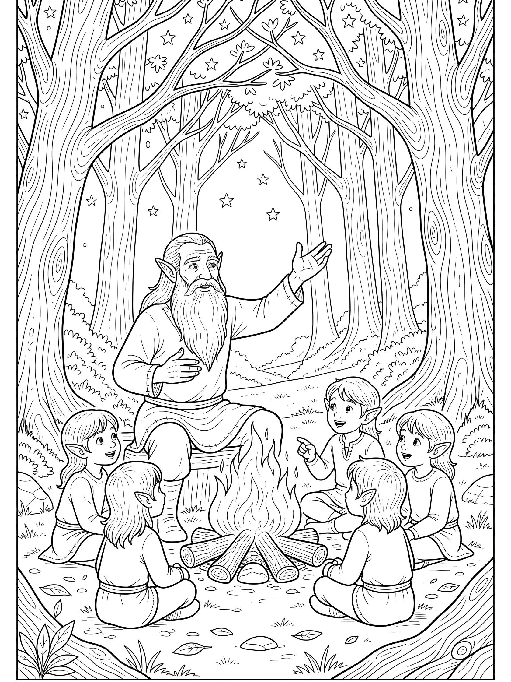 Black and white line art coloring page showing an elderly elf with long beard gesturing animatedly while seated on a log, surrounded by five young elf children with pointy ears sitting on the ground around a campfire with flames, in a forest with tall trees and stars visible through branches. Wood Elves themed black and white printable line art