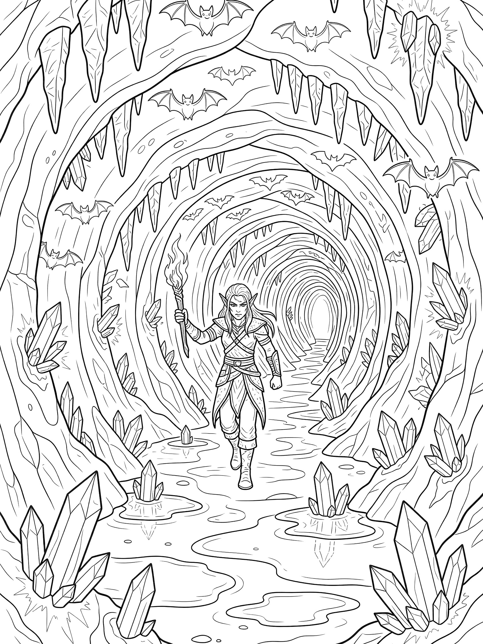 Black and white coloring page of a determined elf in armor walking through a dark cave tunnel with a lit torch, surrounded by stalactites, hanging bats, sparkling crystals on walls and floor, and reflective puddles. Dark Elves themed black and white printable line art