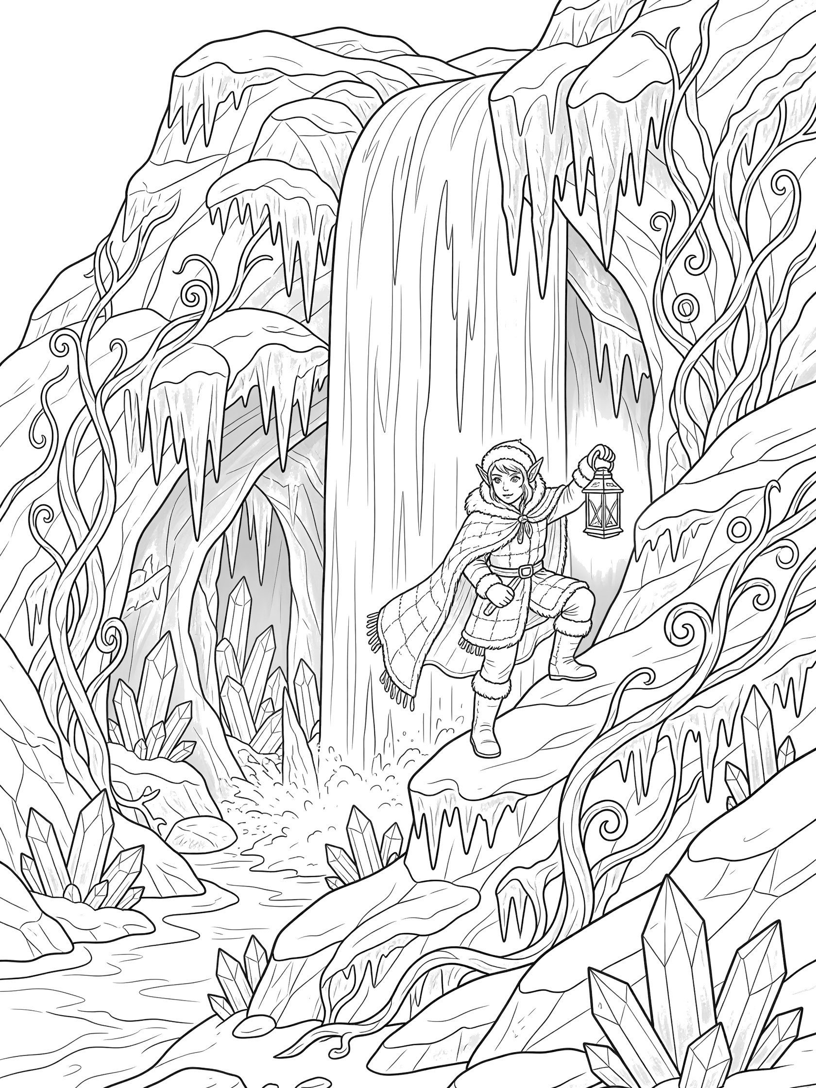 Black and white line art coloring page showing a small elf with pointy ears, hooded cape, and lantern climbing jagged icy rocks next to a frozen waterfall flowing into a cave with ice vines, crystals, and rocky details. Snow Elves themed black and white printable line art