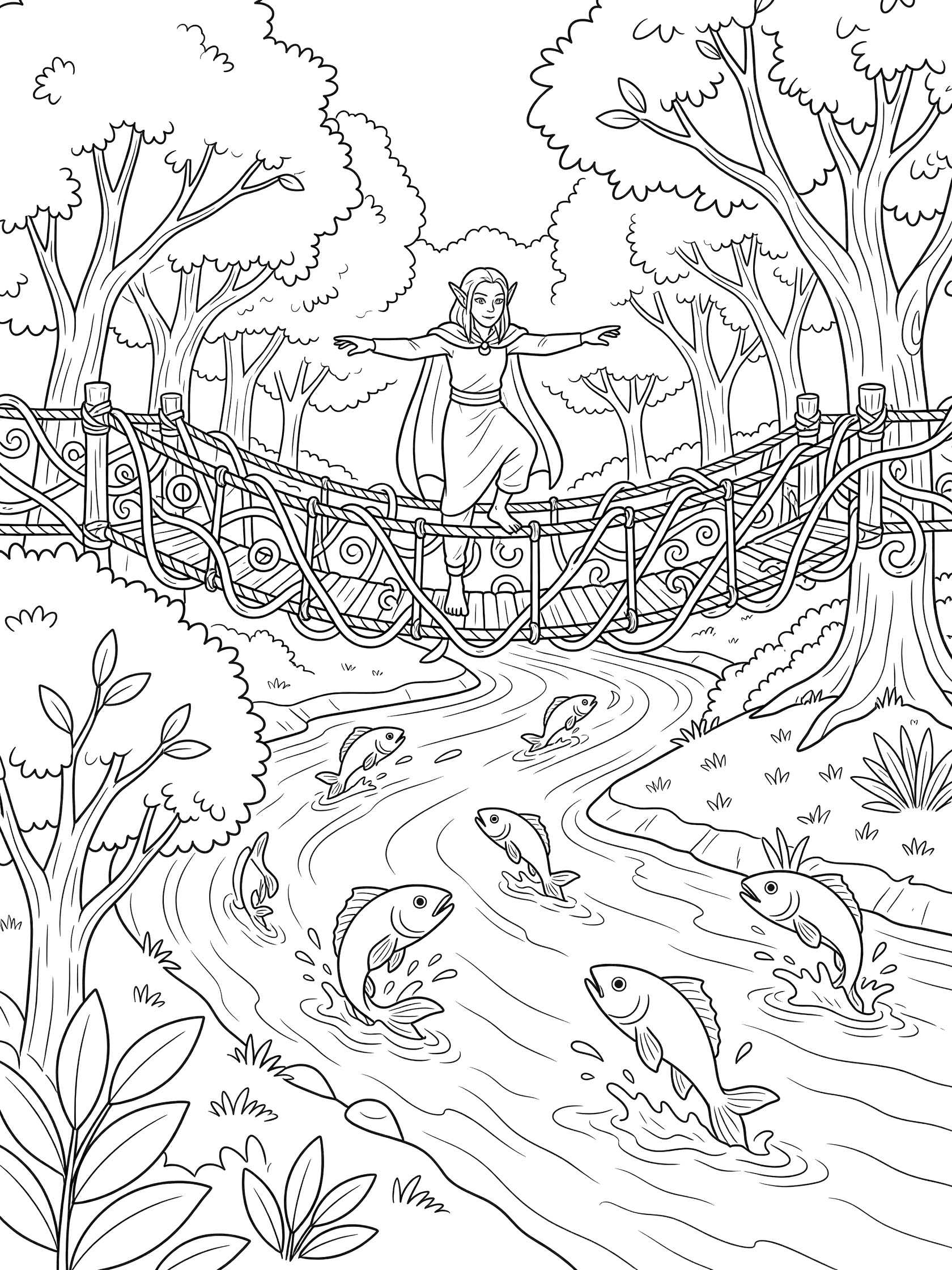 Black and white line art coloring page showing an elf girl with pointy ears balancing on a vine-covered rope bridge over a winding river with jumping fish and lush trees on both banks. Dark Elves themed black and white printable line art