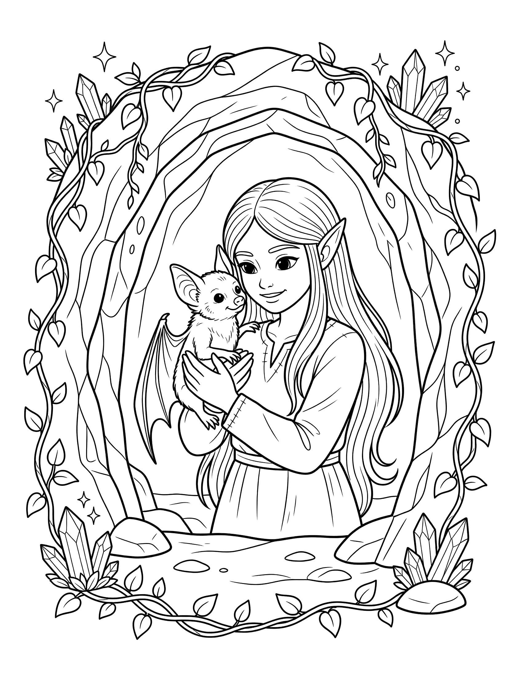 Black and white line art coloring page of elf girl with long hair and pointy ears holding a small bat on her shoulder in a cave with vines and crystals. Dark Elves themed black and white printable line art