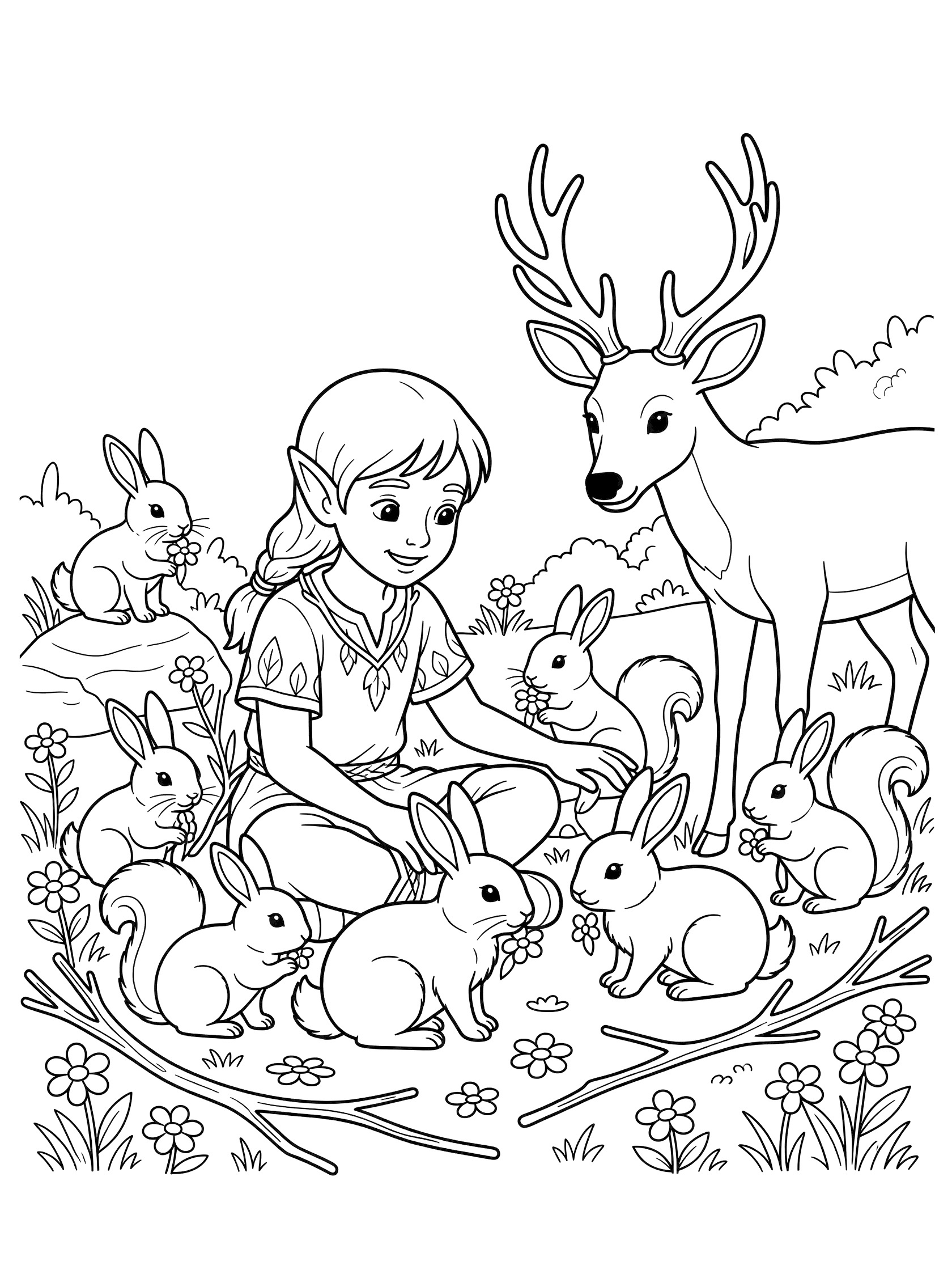 Black and white line art coloring page showing a girl with pointy ears sitting on the ground petting a deer while surrounded by rabbits, squirrels, twigs and flowers. Wood Elves themed black and white printable line art