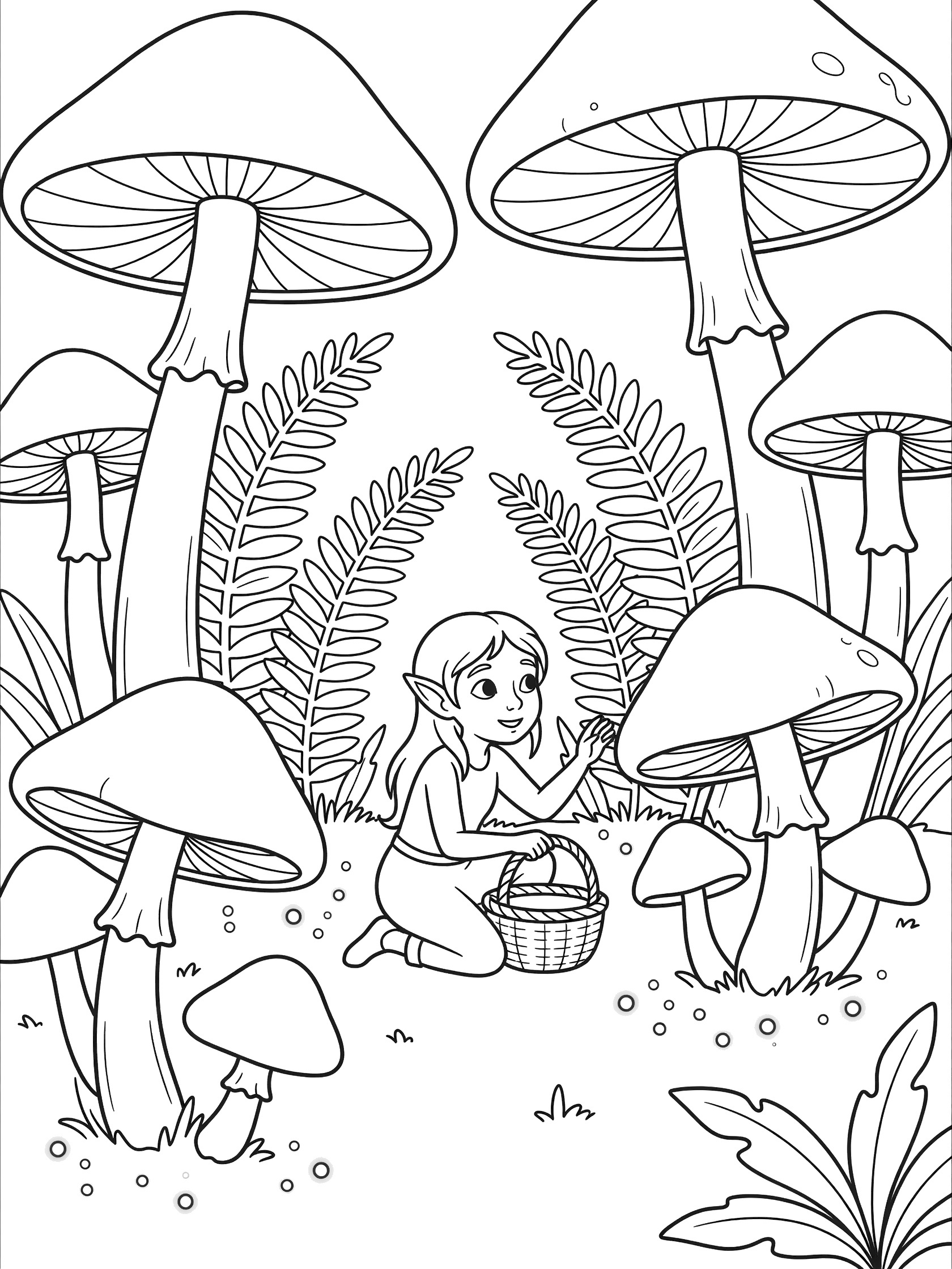 Black and white line art coloring page showing a kneeling elf girl holding a basket near oversized mushrooms surrounded by ferns in a forest glade. Dark Elves themed black and white printable line art