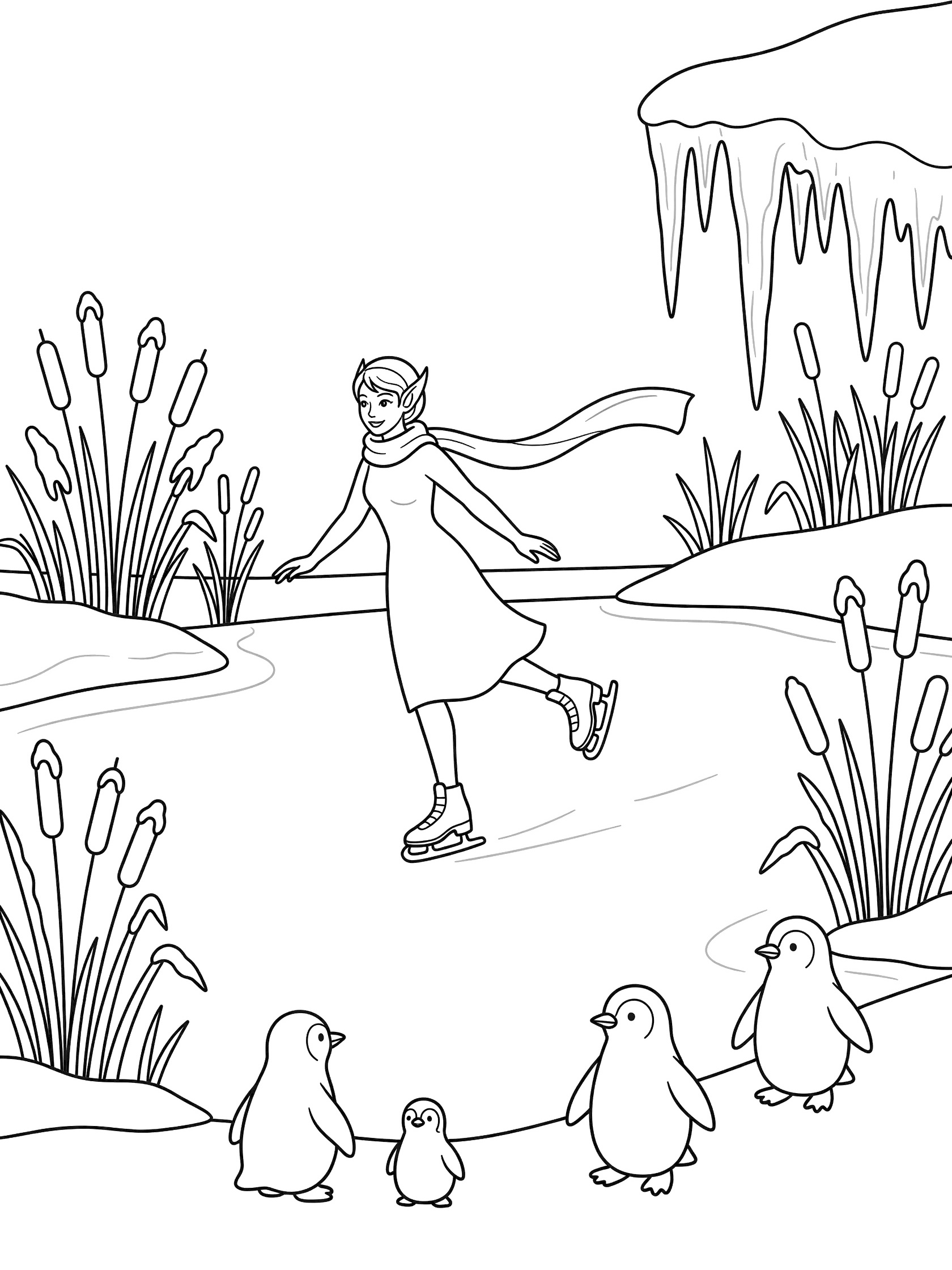 Black and white line art coloring page showing an elf in a dress and scarf gliding on ice skates across a pond, with five penguins on the snowy shore, icicles, and reeds. Snow Elves themed black and white printable line art