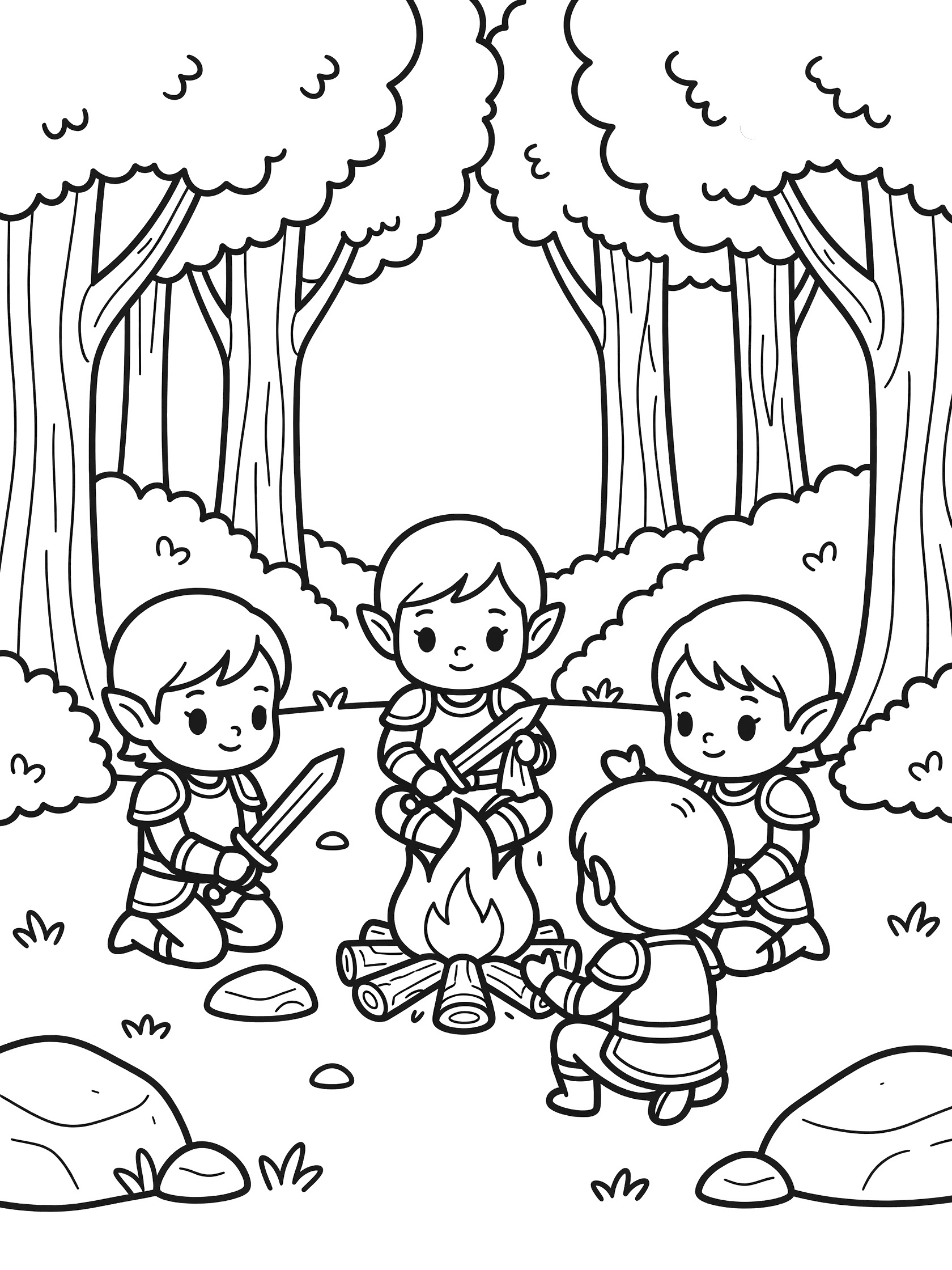 Black and white line art coloring page showing four adorable elf children with pointy ears in armor, sitting around a campfire in a forest with trees and rocks. Warrior Elves themed black and white printable line art