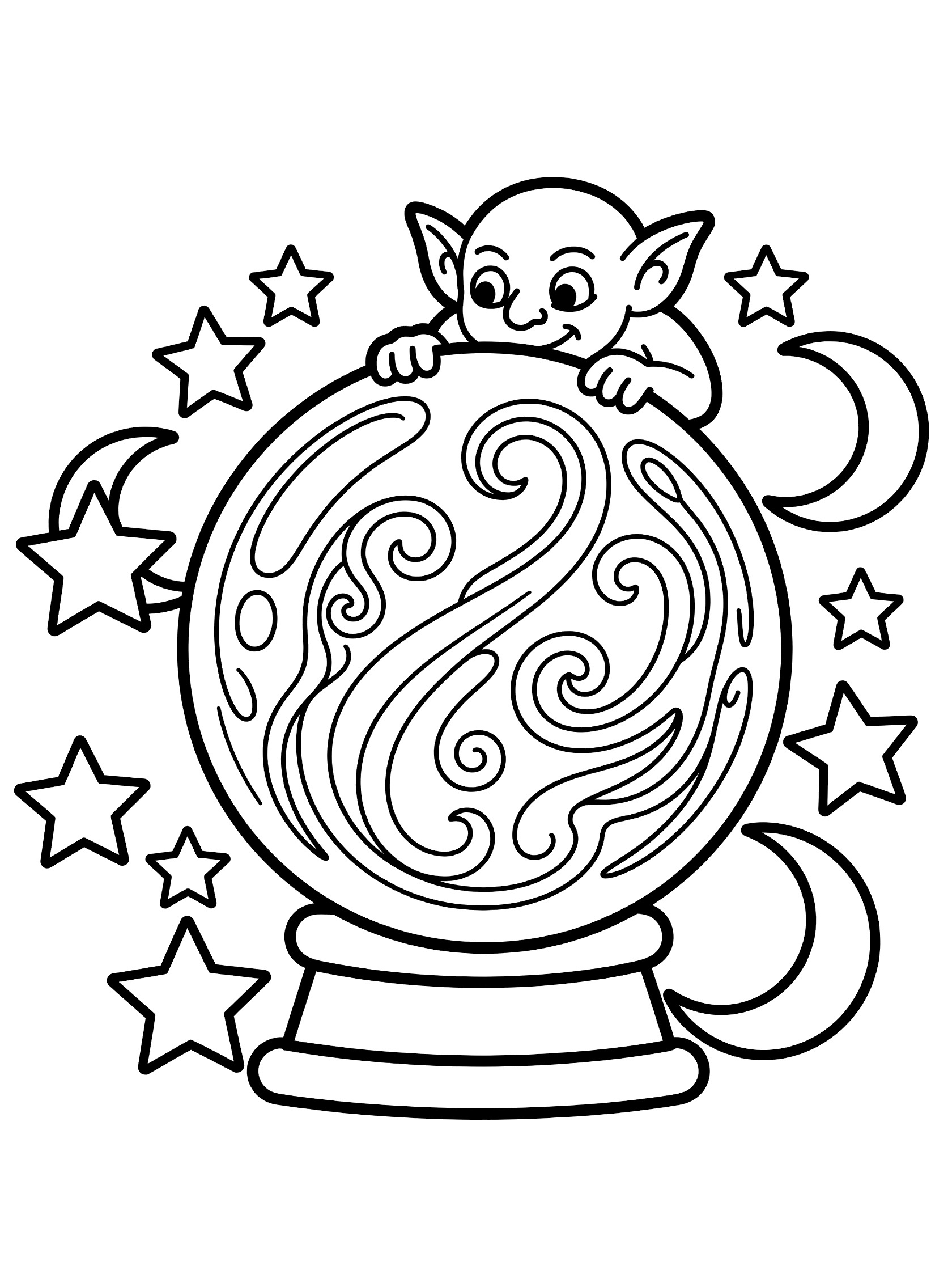 Black and white line art coloring page showing a cute elf with pointy ears peeking over a large crystal ball on a pedestal, with mystical swirls inside the orb, simple stars and moons around it. Goblin themed black and white printable line art