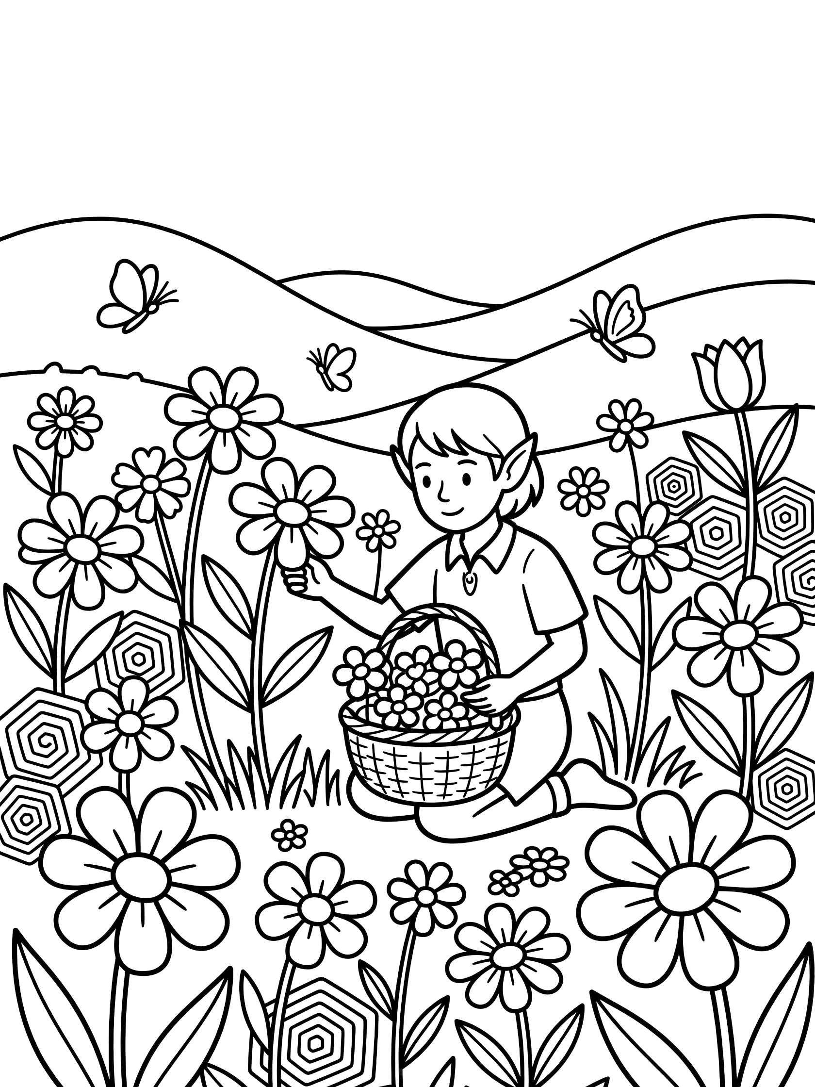 Black and white line art coloring page showing a happy elf kneeling in a flower meadow, picking large blossoms into a woven basket, with butterflies, geometric flower patterns, and gentle hills in the background. Tolkien Elves themed black and white printable line art