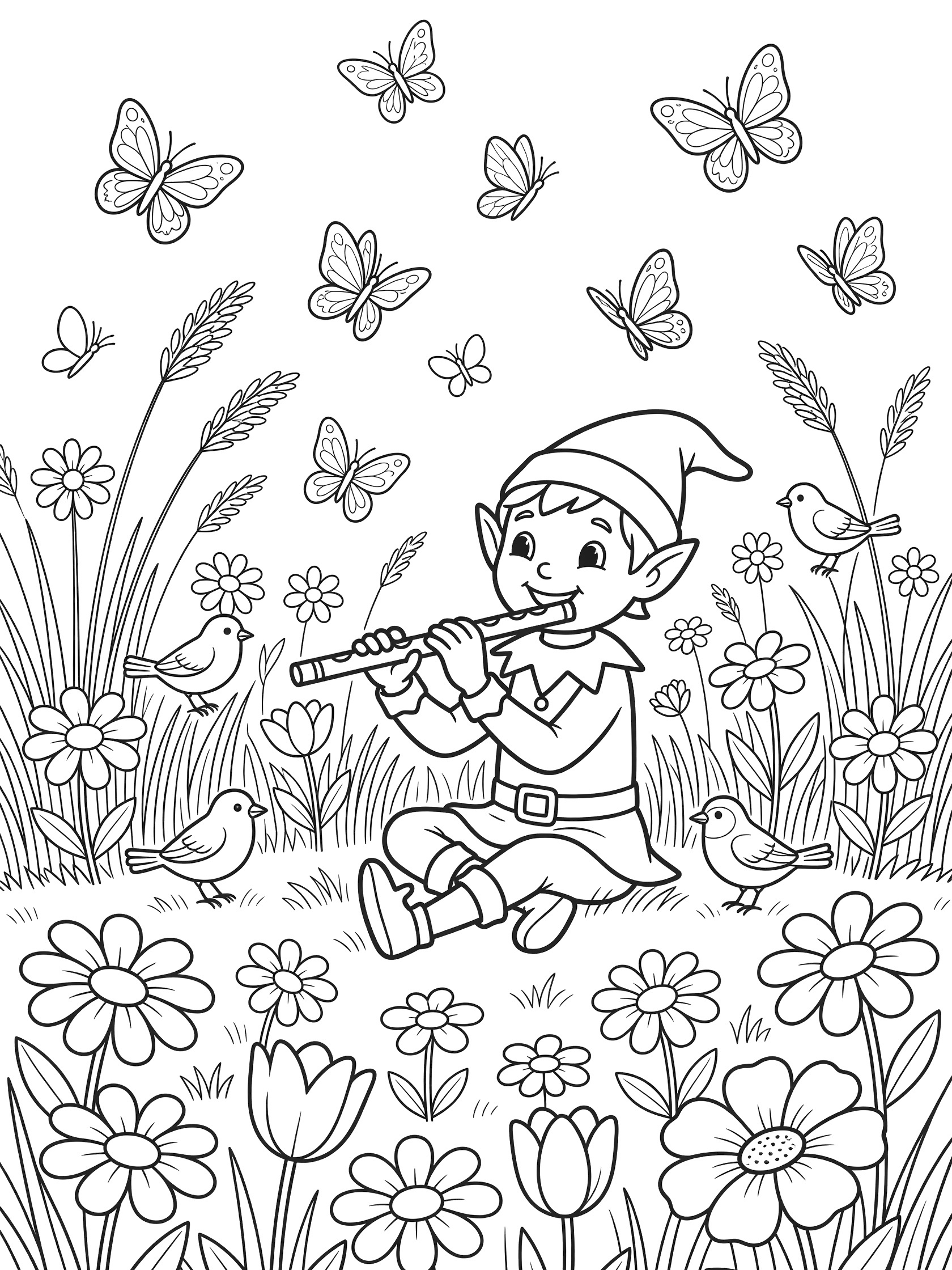 Black and white line art coloring page showing a smiling elf sitting and playing a wooden flute surrounded by flying butterflies, birds, tall grass, and blooming flowers in a meadow. Elves themed black and white printable line art